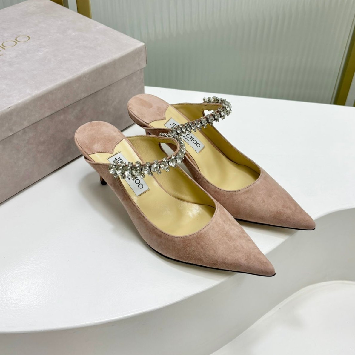 Jimmy Bing 65mm In Pastel Pink Suede Mules 587766