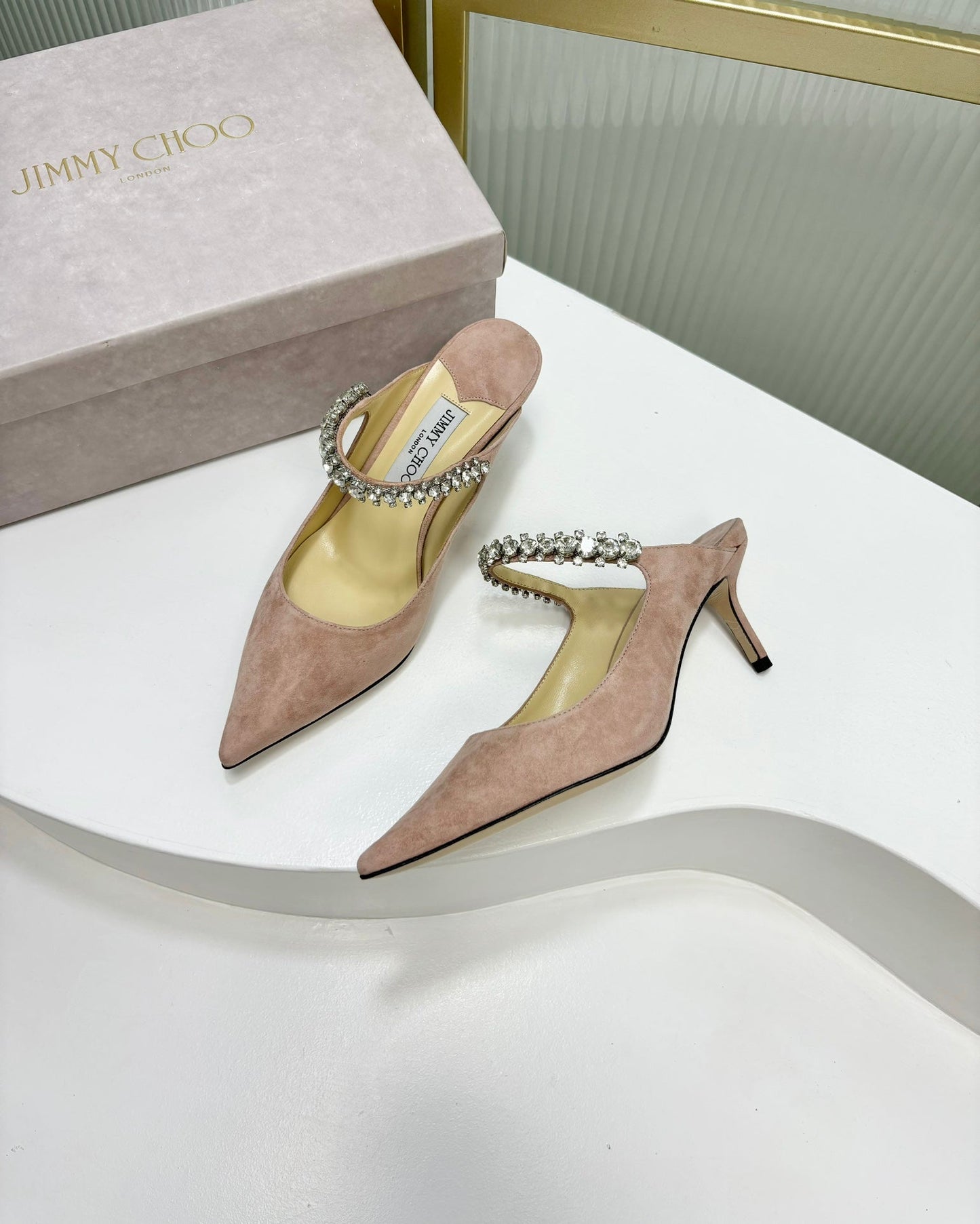 Jimmy Bing 65mm In Pastel Pink Suede Mules 587766