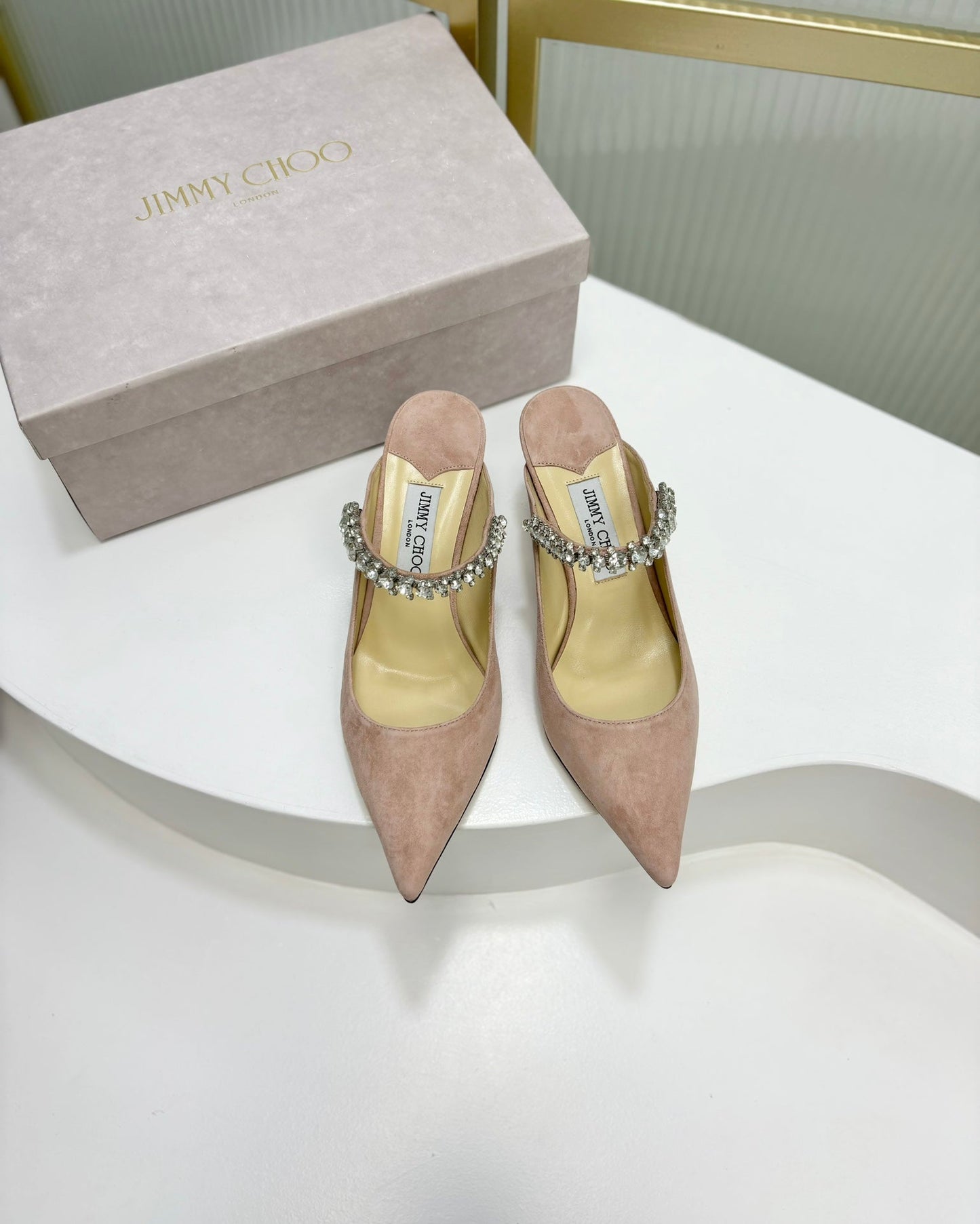 Jimmy Bing 65mm In Pastel Pink Suede Mules 587766