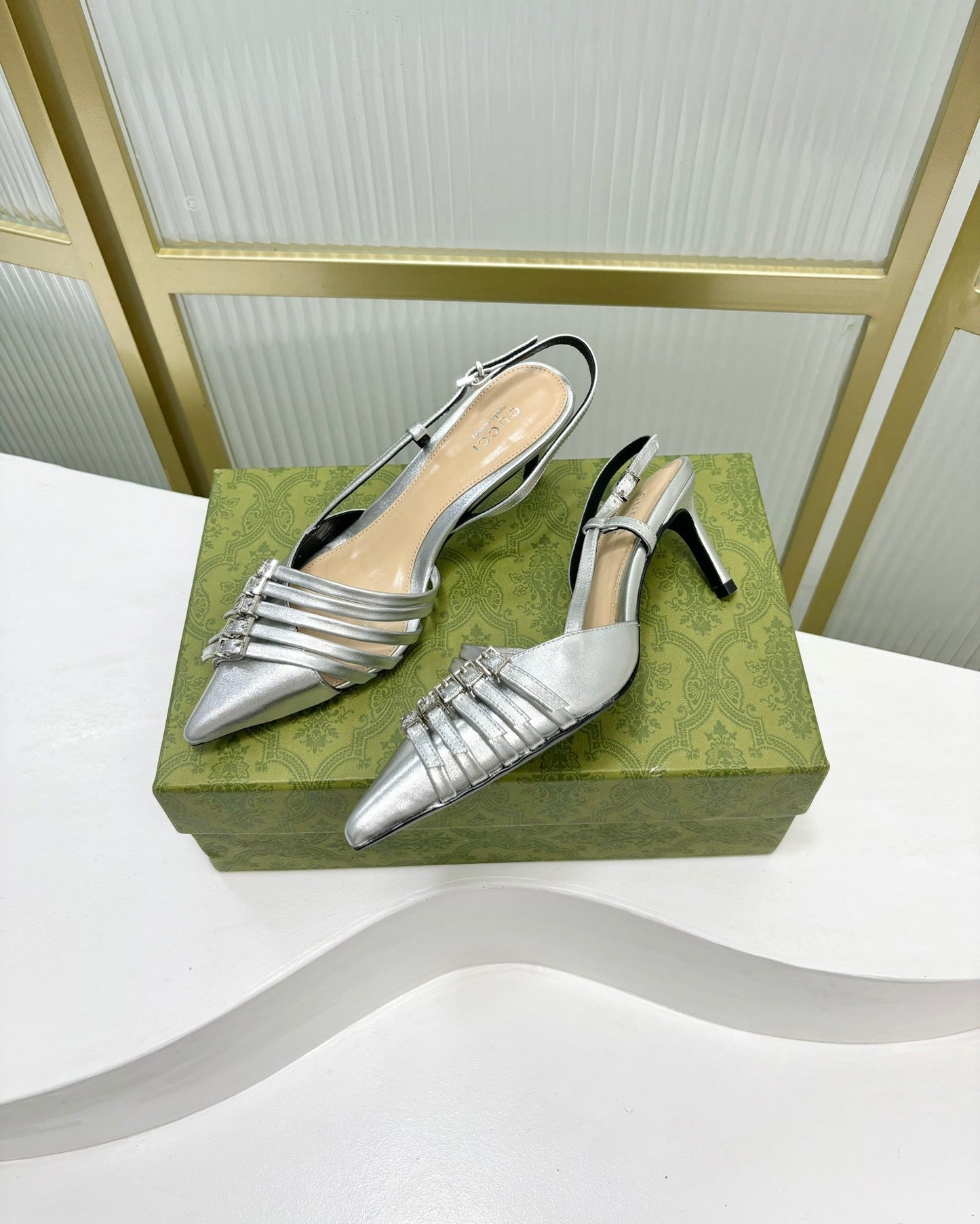 SLINGBACK PUMP 6 CM IN SILVER GLOSSY CALFSKIN