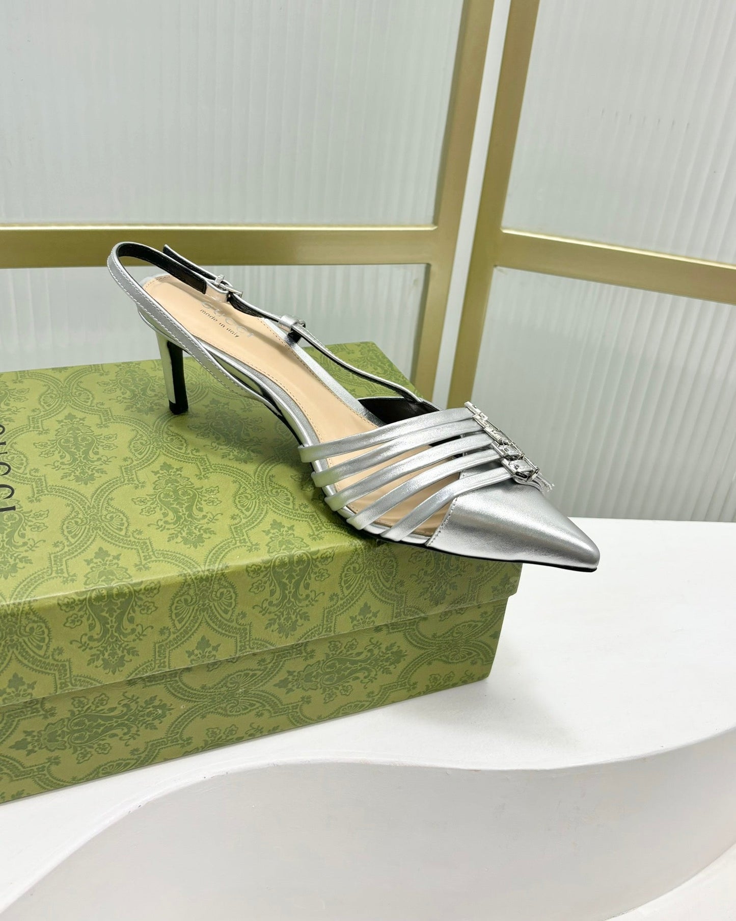 SLINGBACK PUMP 6 CM IN SILVER GLOSSY CALFSKIN