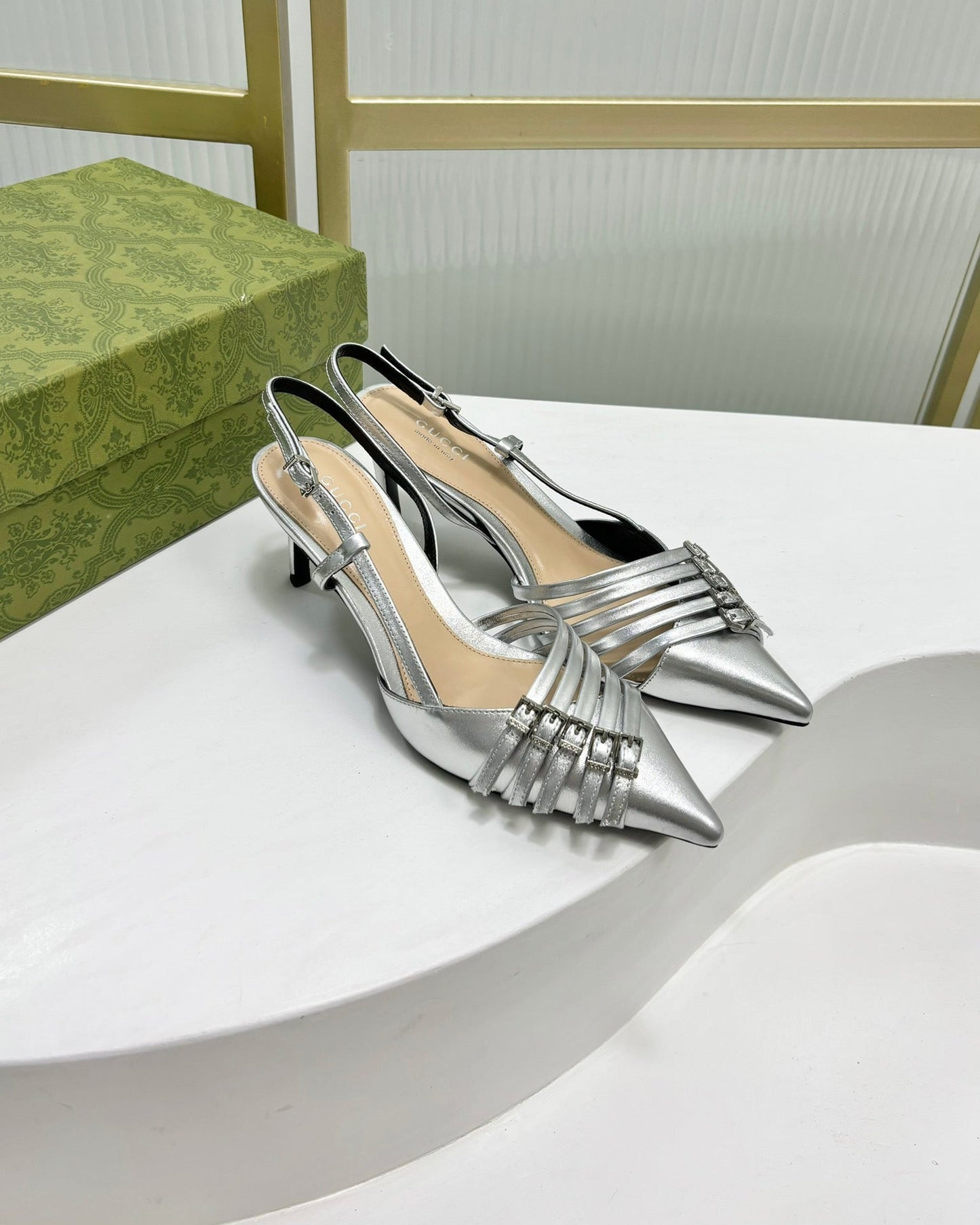 SLINGBACK PUMP 6 CM IN SILVER GLOSSY CALFSKIN