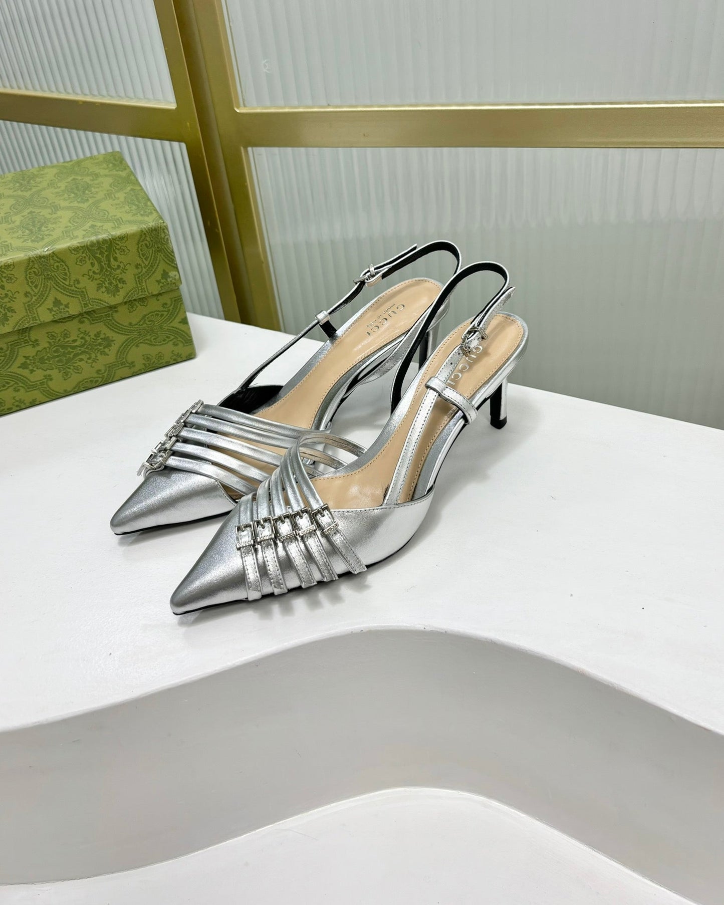 SLINGBACK PUMP 6 CM IN SILVER GLOSSY CALFSKIN