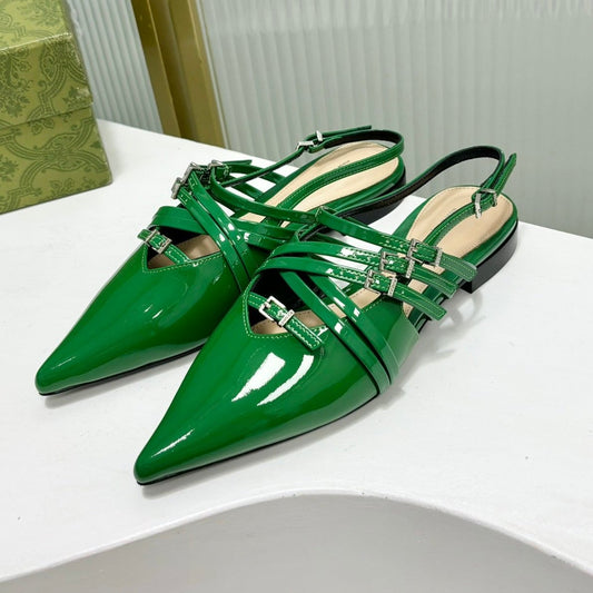 STRAPPY FLAT SLINGBACK IN EMERALD GREEN GLOSSY CALFSKIN