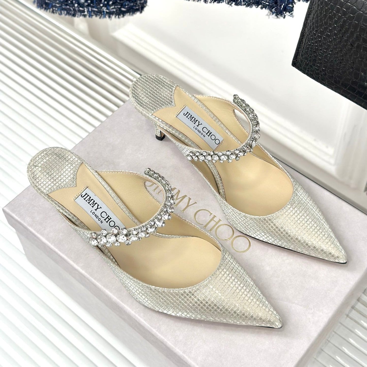 Jimmy Bing 65mm In Ivory White Stone Studded Cowhide Mules 593192