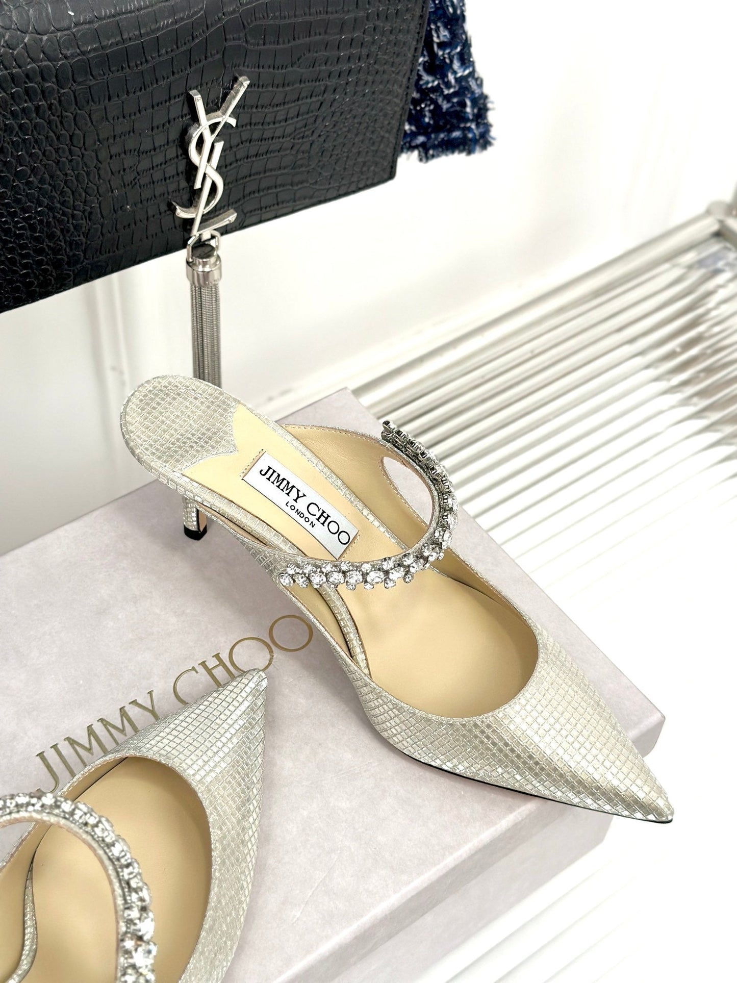 Jimmy Bing 65mm In Ivory White Stone Studded Cowhide Mules 593192