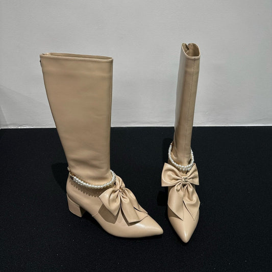 CC High Boots Beige Bow Tie Cowhide