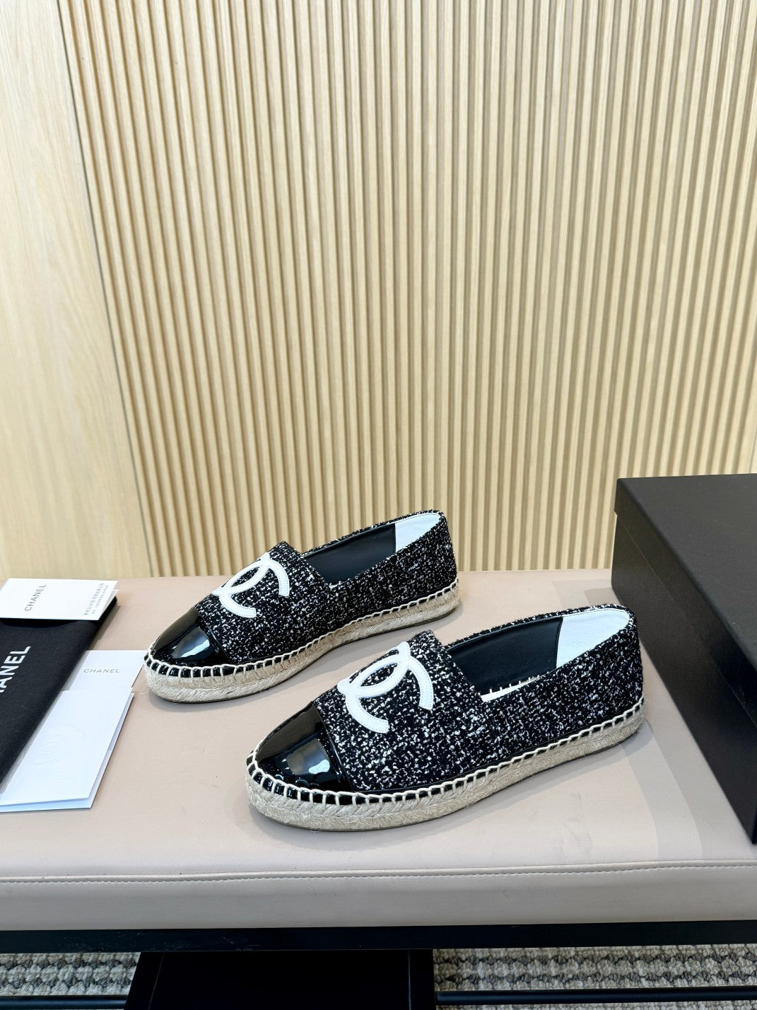 cc espadrilles black white tweed black patent calfskin