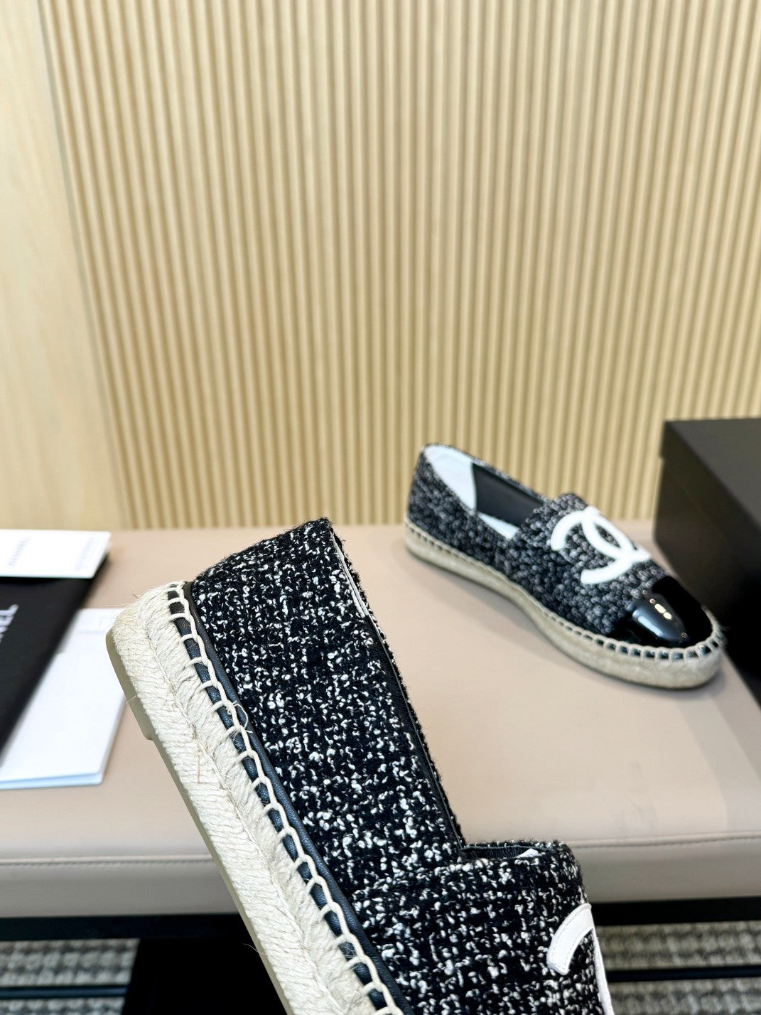 cc espadrilles black white tweed black patent calfskin