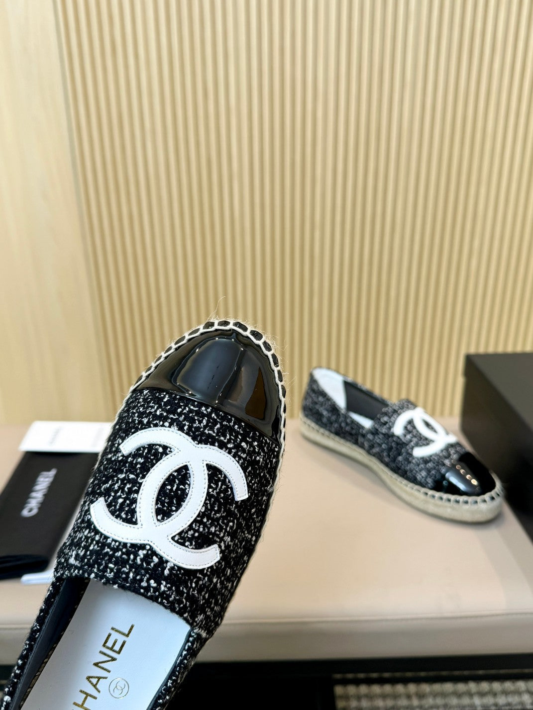 cc espadrilles black white tweed black patent calfskin