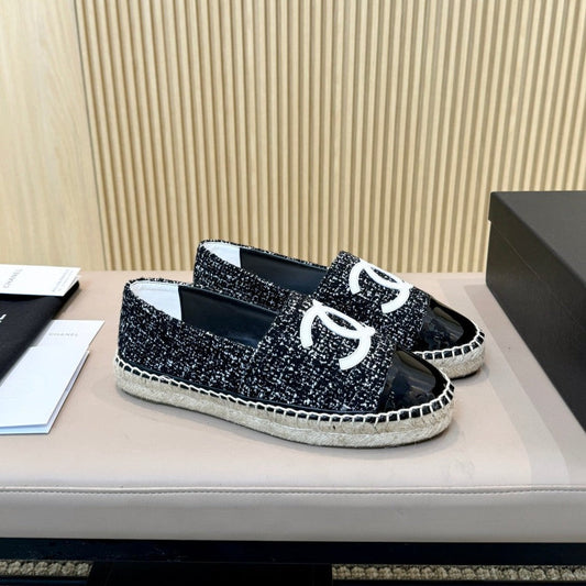 cc espadrilles black white tweed black patent calfskin