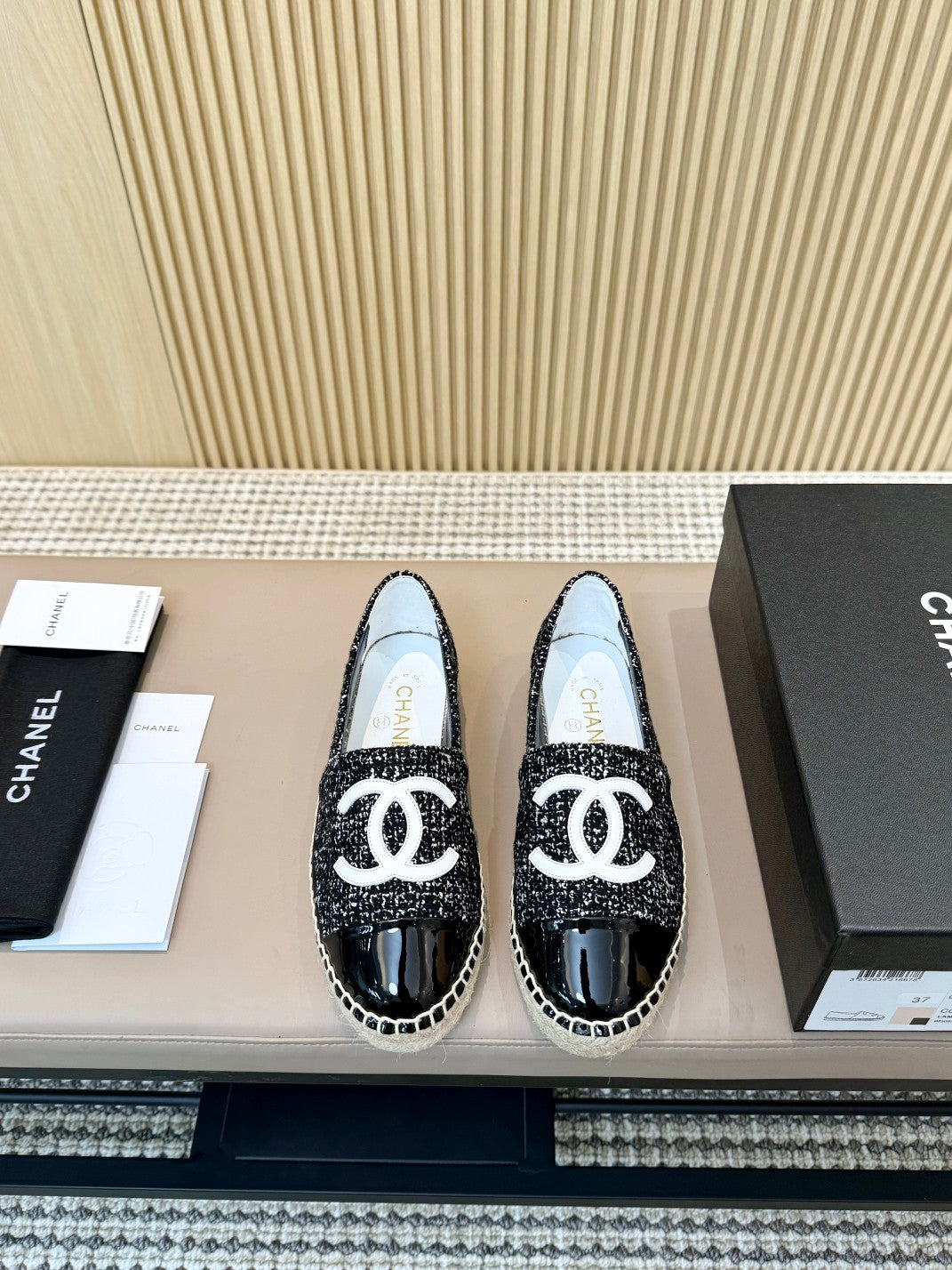 cc espadrilles black white tweed black patent calfskin