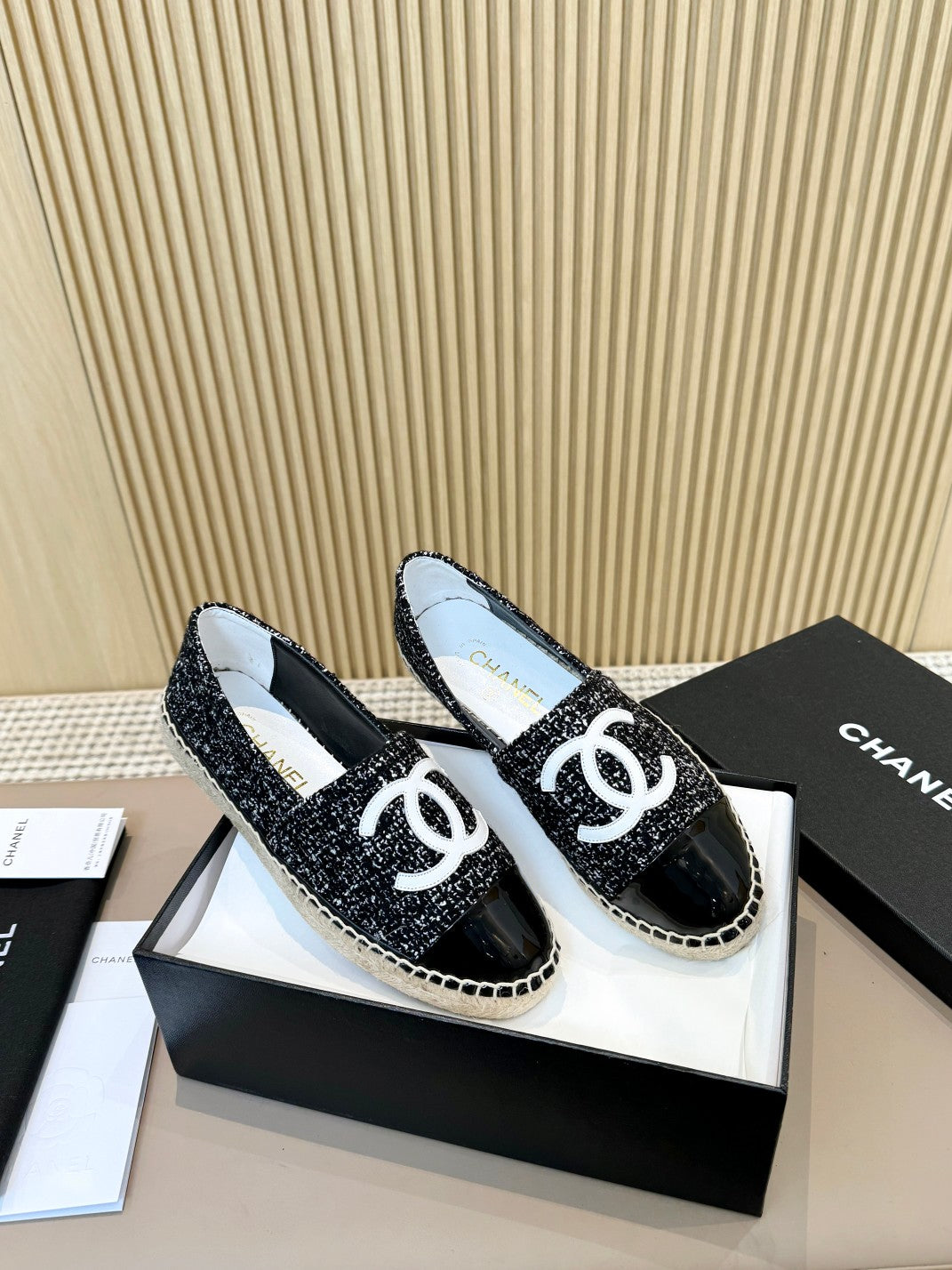 cc espadrilles black white tweed black patent calfskin