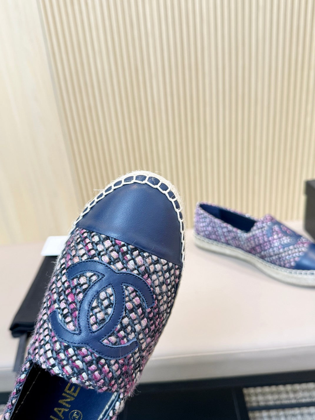 cc espadrilles tweed cloth blue calfskin