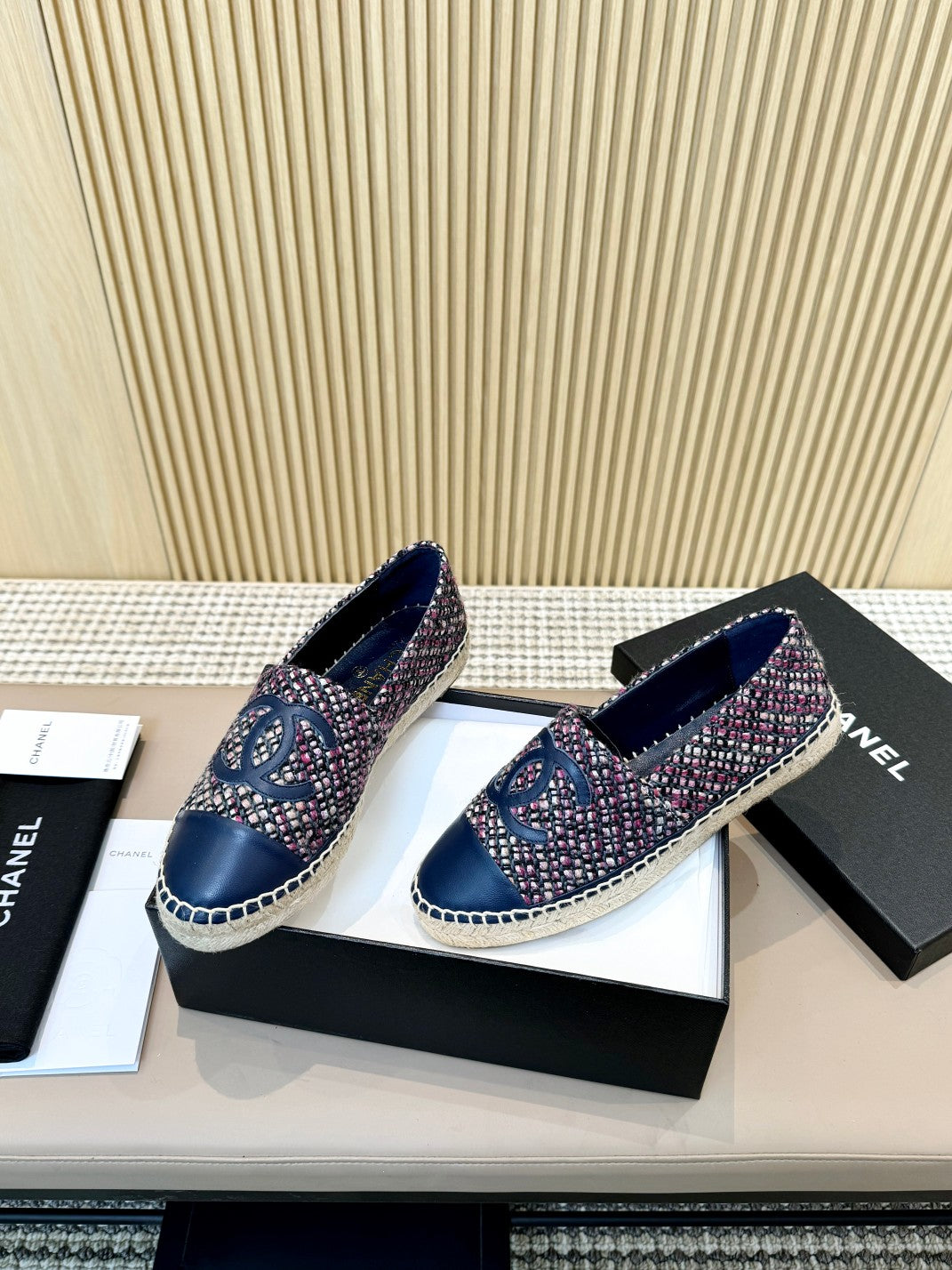 cc espadrilles tweed cloth blue calfskin