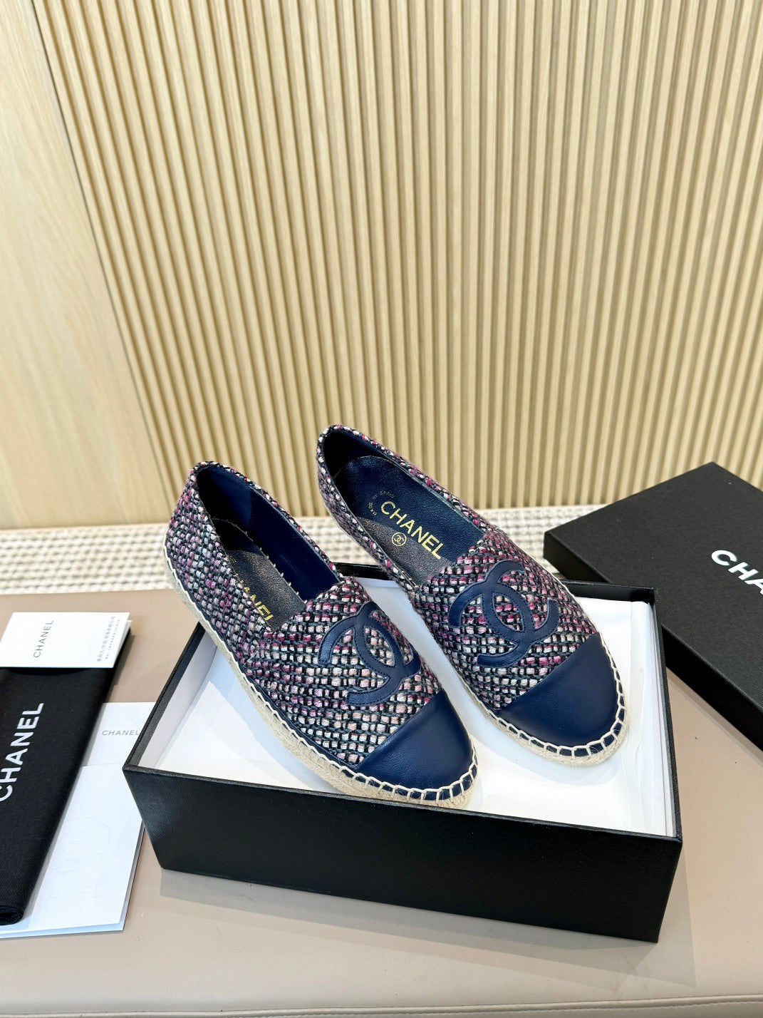 cc espadrilles tweed cloth blue calfskin