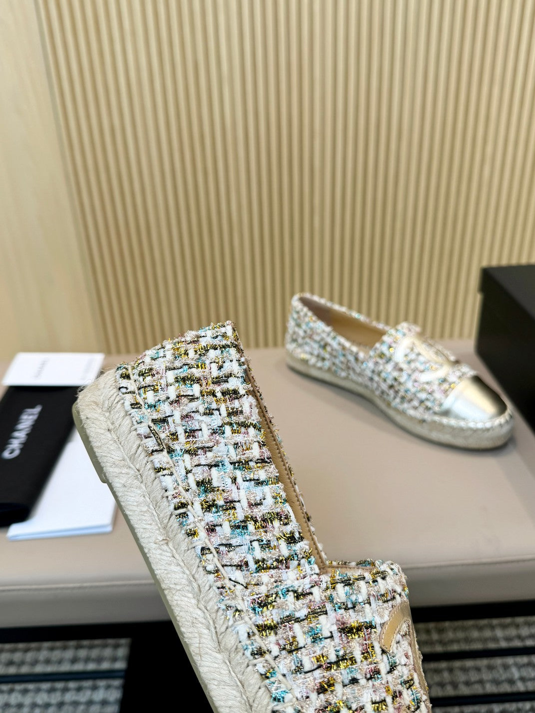 cc espadrilles multicolor tweed gold metalic calfskin