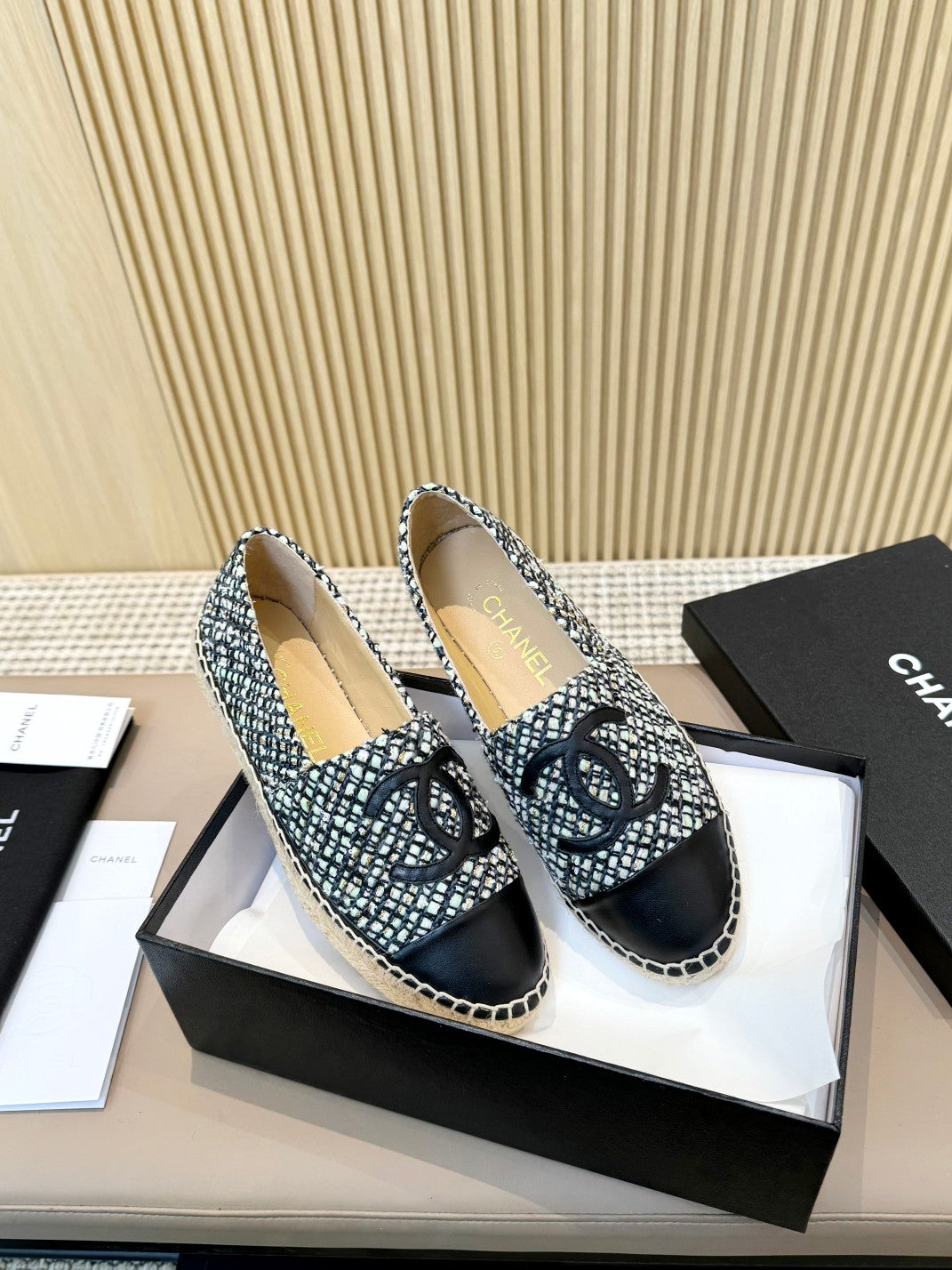 cc espadrilles black tweed cloth calfskin