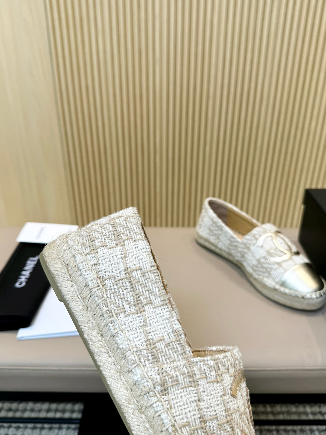 cc espadrilles white brown braided fabric gold metalic calfskin