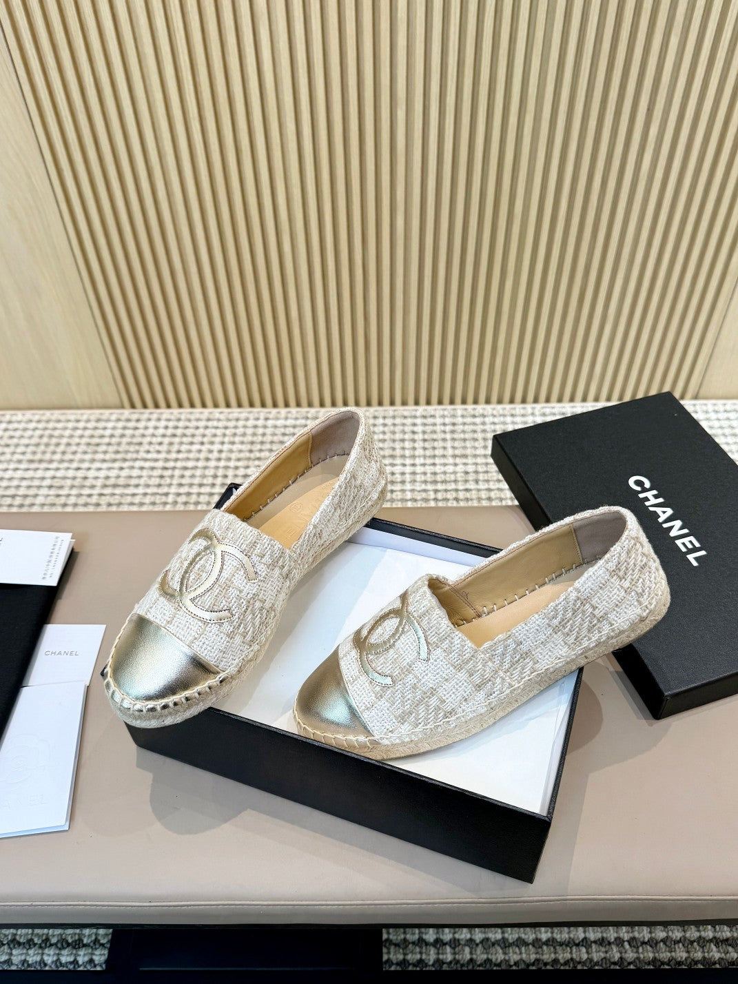 cc espadrilles white brown braided fabric gold metalic calfskin