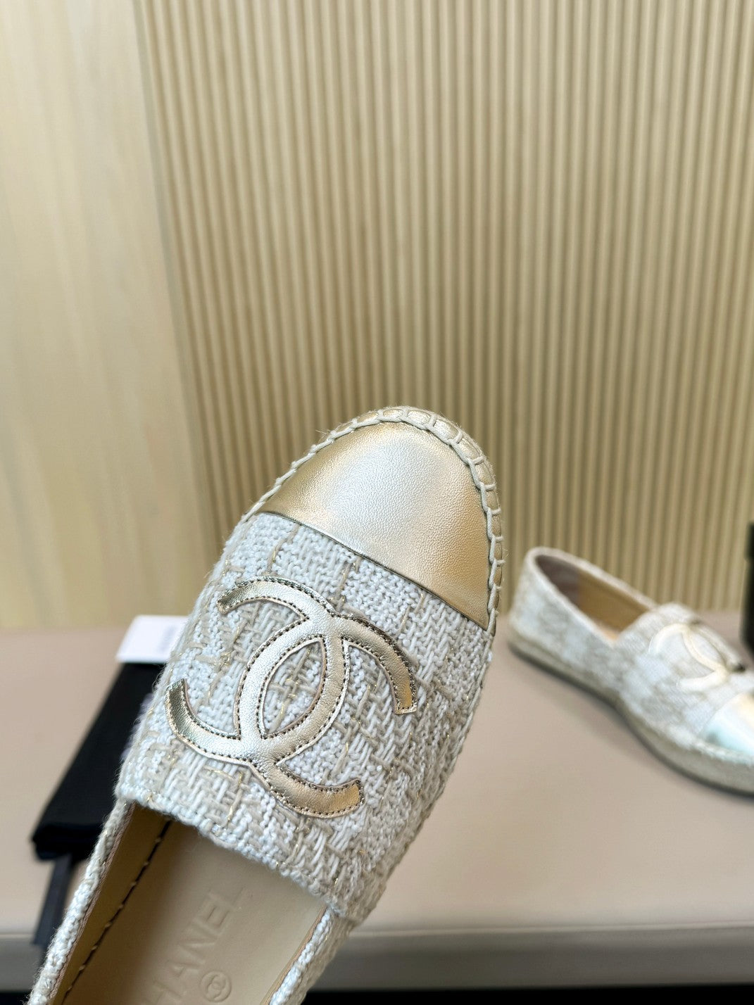 cc espadrilles white brown braided fabric gold metalic calfskin