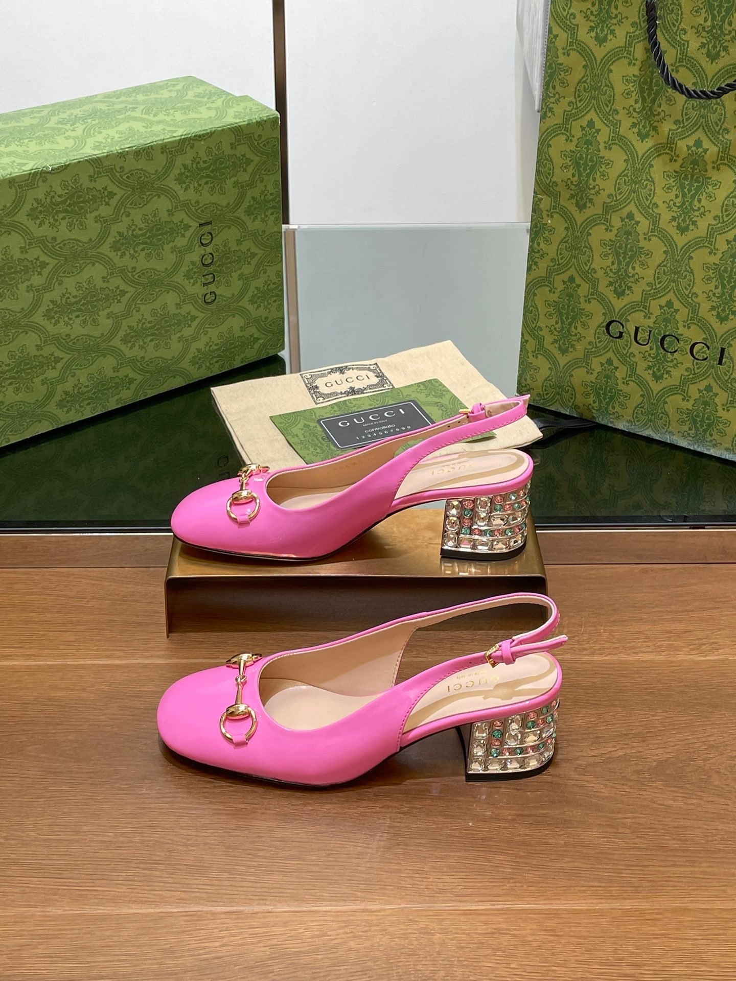 WOMEN'S HORSEBIT SLINGBACK 55MM IN FUSCIA PINK CALFSKIN WITH RHINSTONES