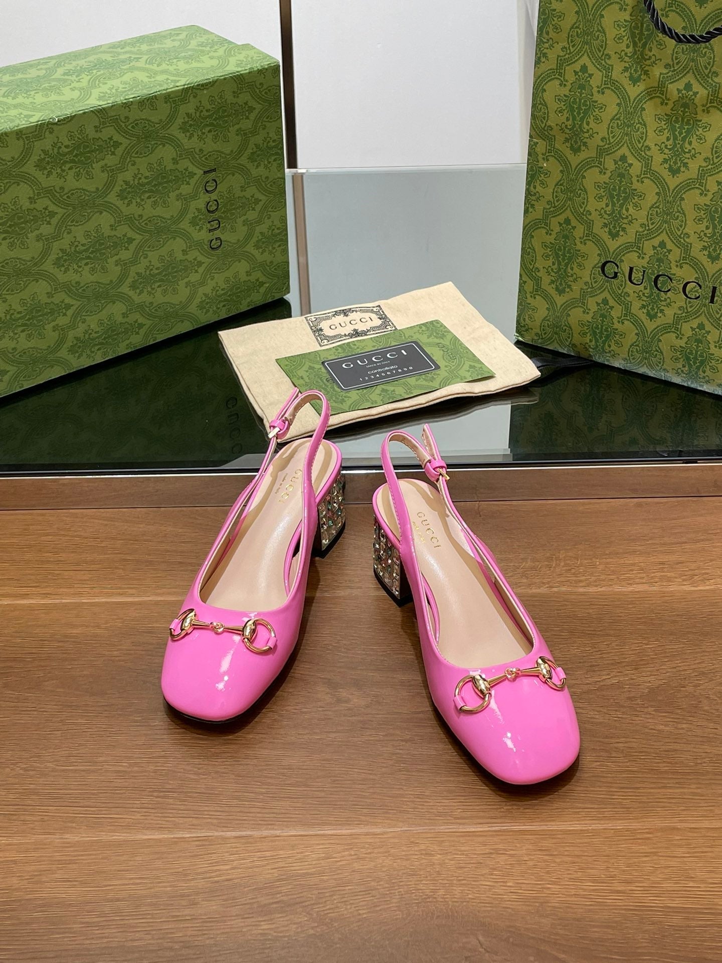 WOMEN'S HORSEBIT SLINGBACK 55MM IN FUSCIA PINK CALFSKIN WITH RHINSTONES