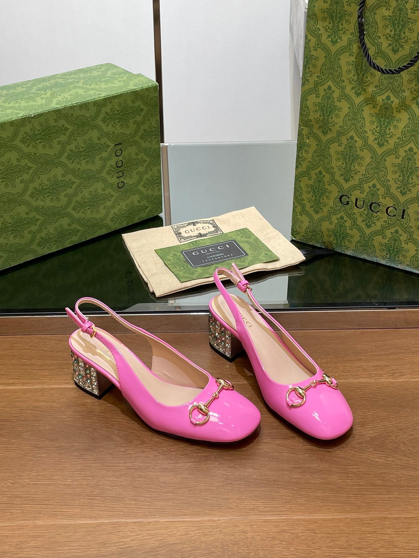 WOMEN'S HORSEBIT SLINGBACK 55MM IN FUSCIA PINK CALFSKIN WITH RHINSTONES