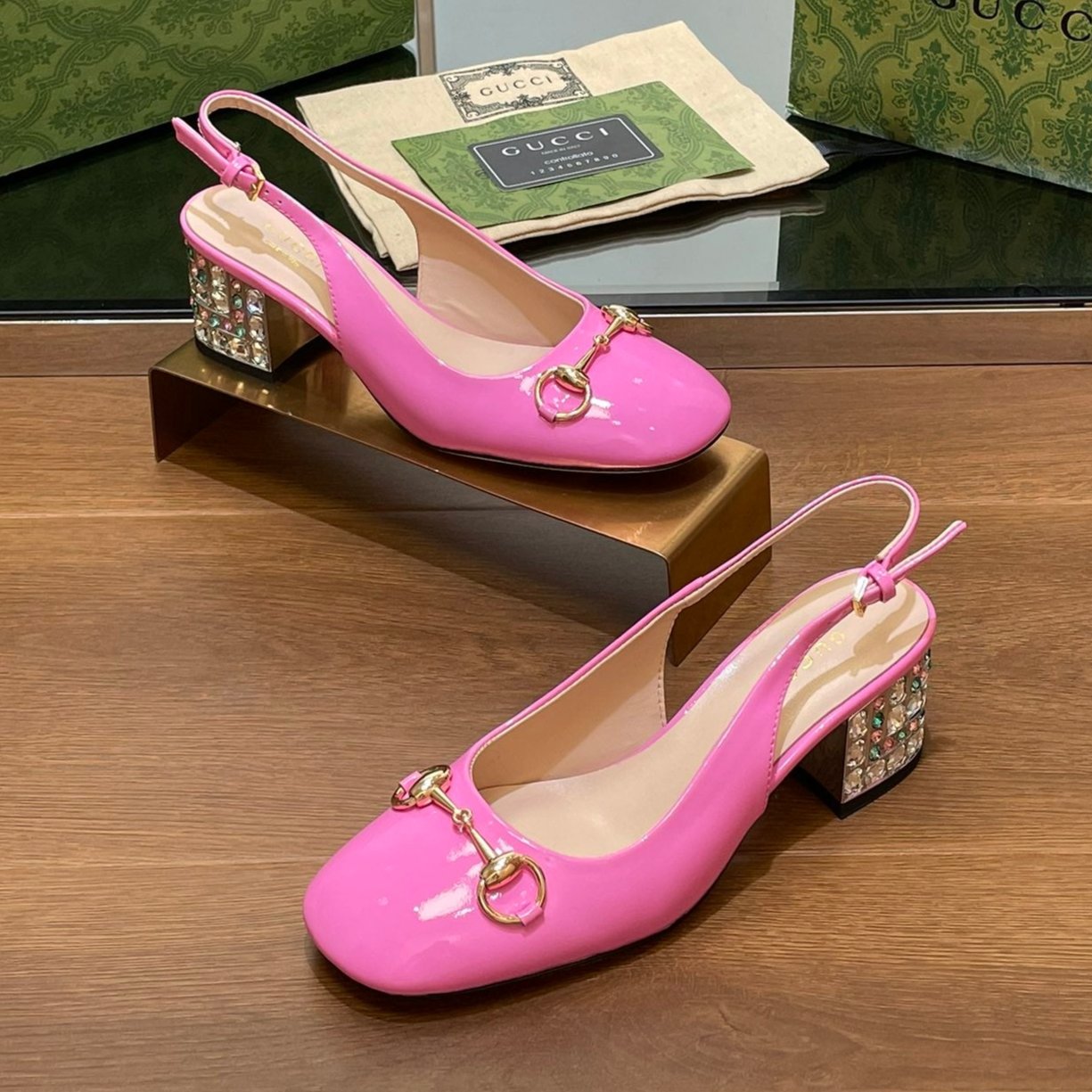 WOMEN'S HORSEBIT SLINGBACK 55MM IN FUSCIA PINK CALFSKIN WITH RHINSTONES