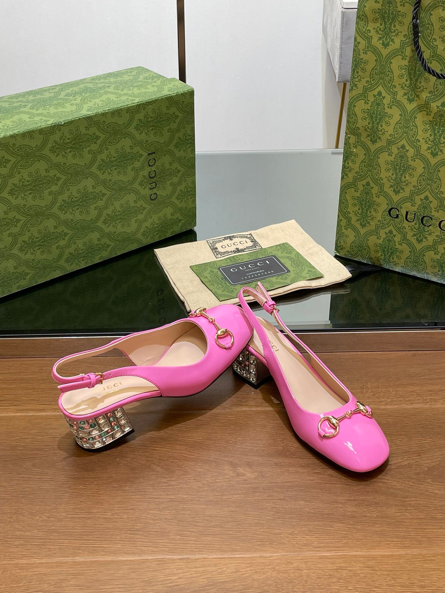 WOMEN'S HORSEBIT SLINGBACK 55MM IN FUSCIA PINK CALFSKIN WITH RHINSTONES