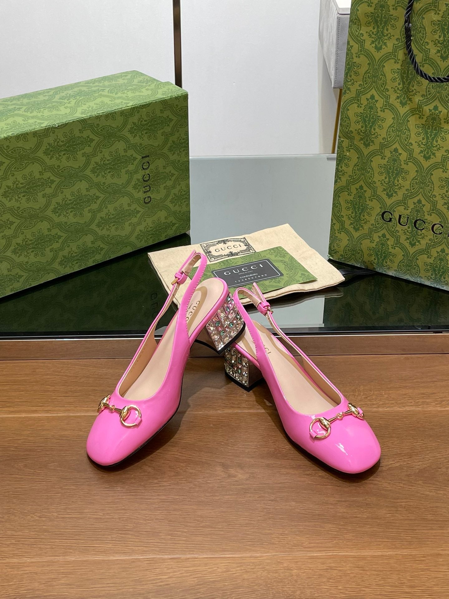 WOMEN'S HORSEBIT SLINGBACK 55MM IN FUSCIA PINK CALFSKIN WITH RHINSTONES