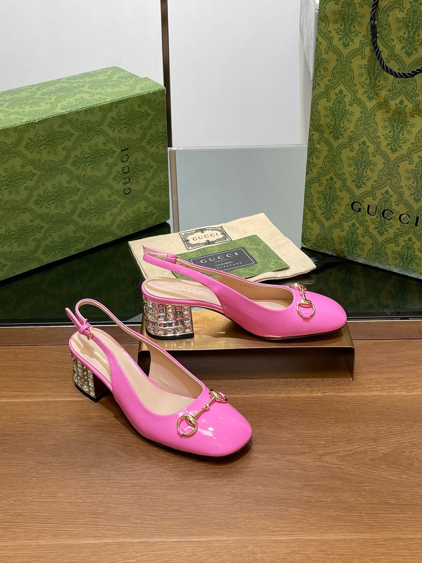 WOMEN'S HORSEBIT SLINGBACK 55MM IN FUSCIA PINK CALFSKIN WITH RHINSTONES