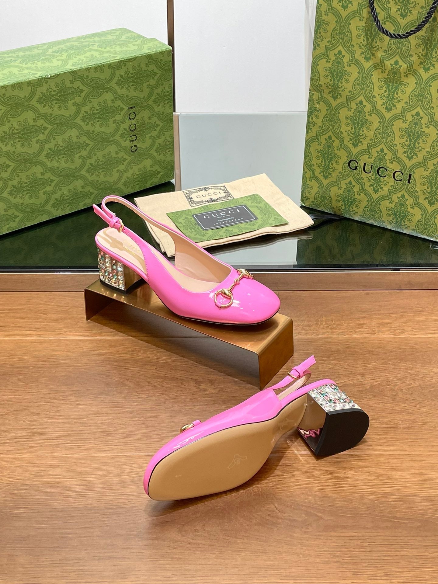 WOMEN'S HORSEBIT SLINGBACK 55MM IN FUSCIA PINK CALFSKIN WITH RHINSTONES