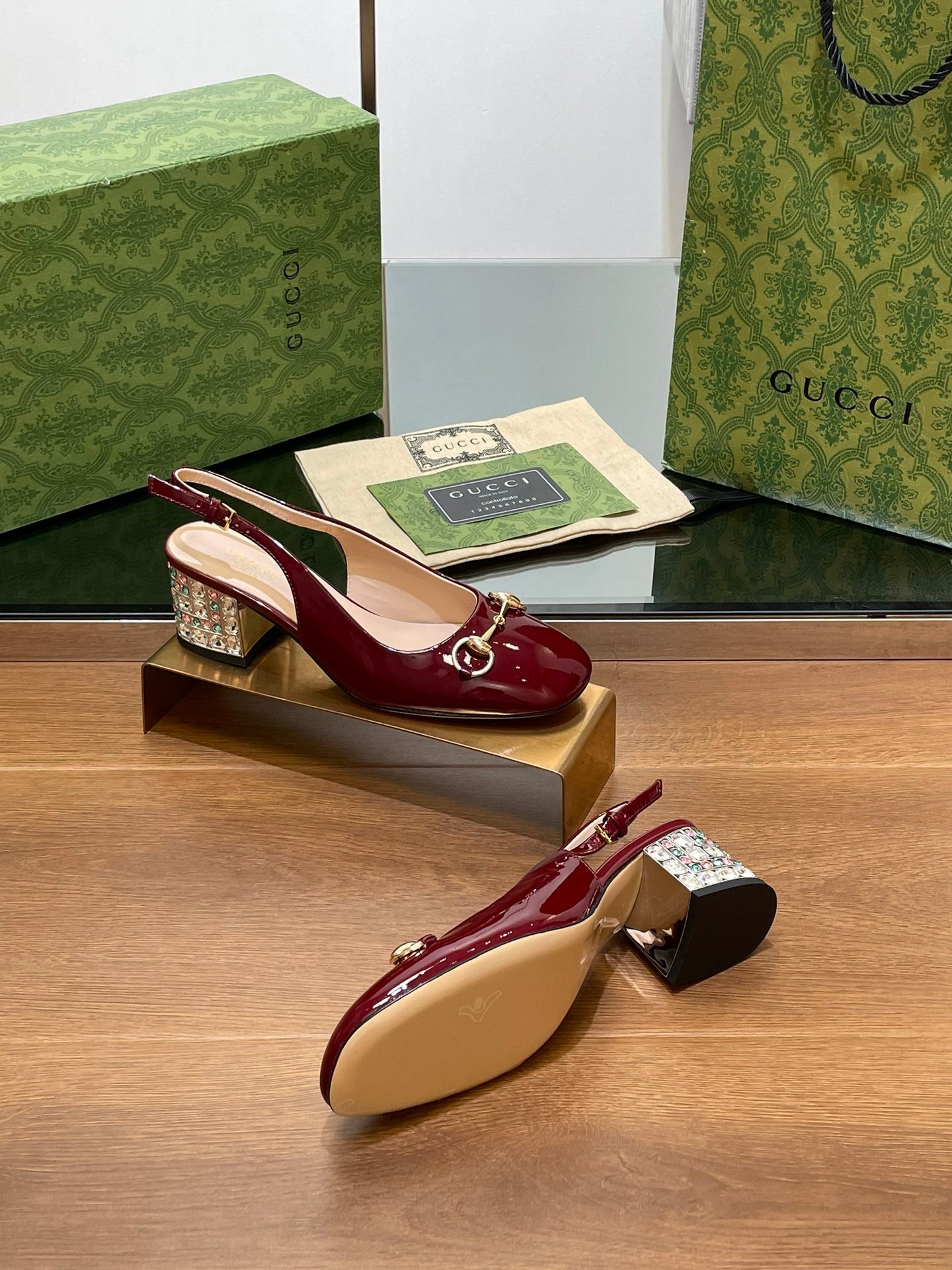 WOMEN'S HORSEBIT SLINGBACK 55MM IN WINE RED CALFSKIN WITH RHINSTONES