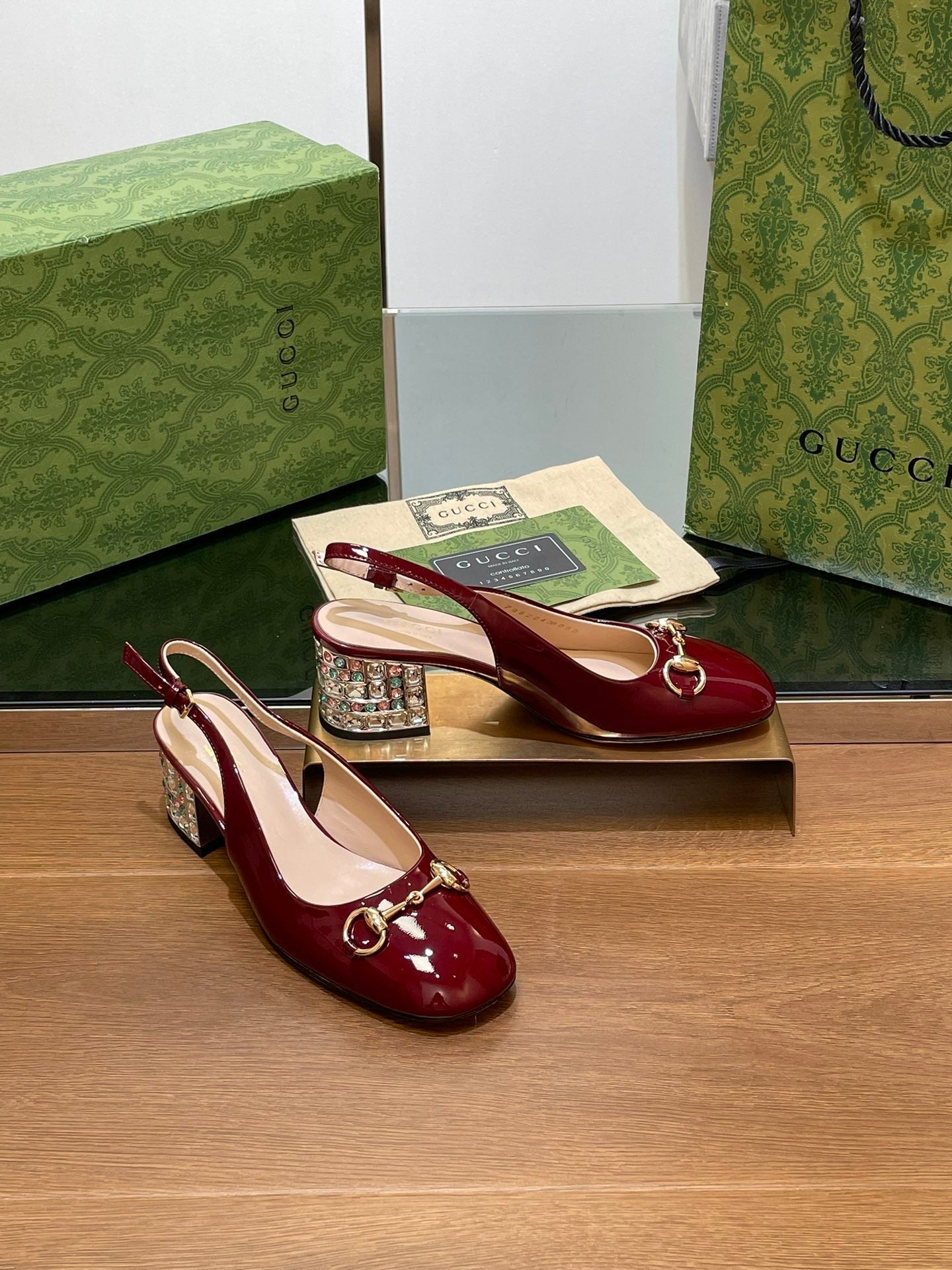 WOMEN'S HORSEBIT SLINGBACK 55MM IN WINE RED CALFSKIN WITH RHINSTONES