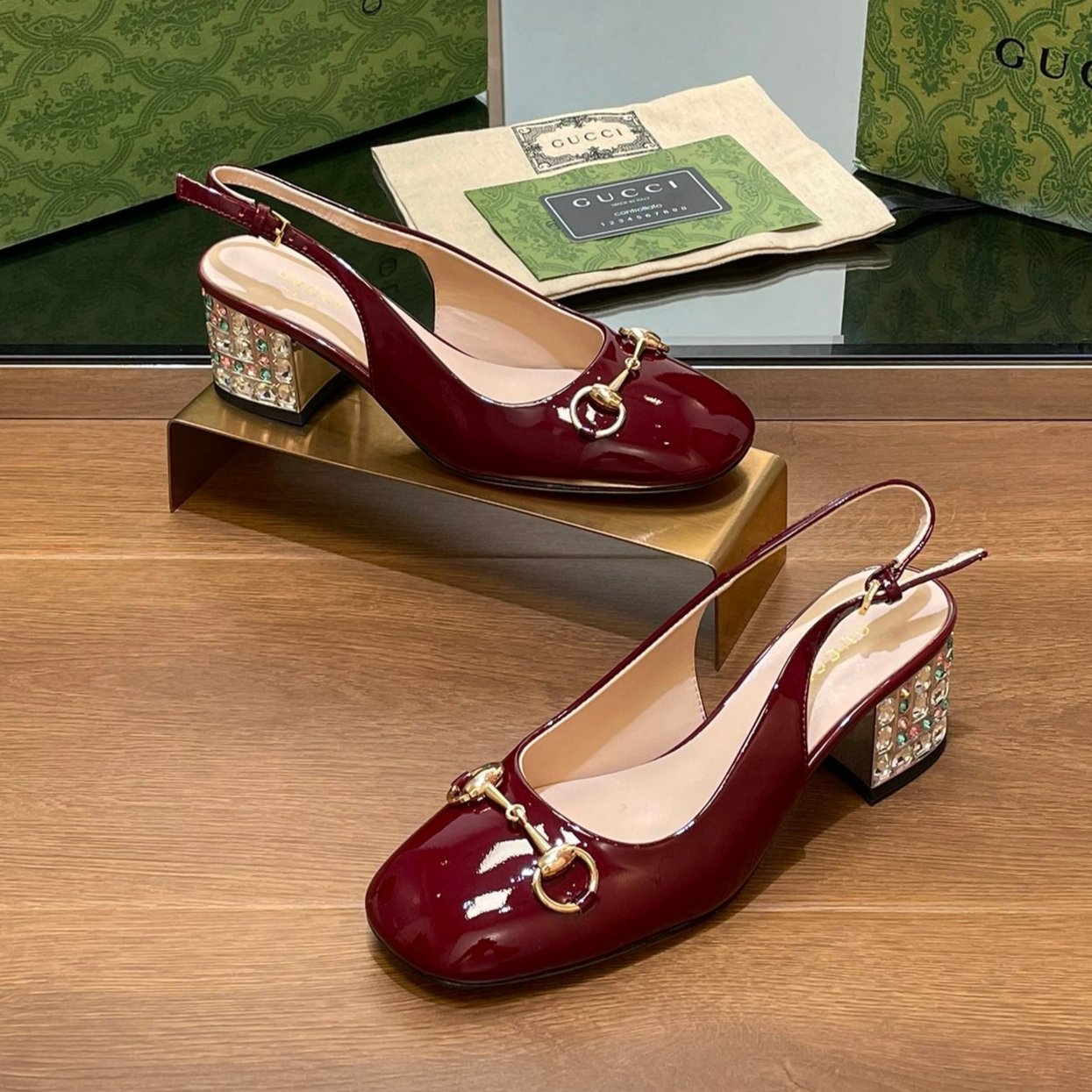 WOMEN'S HORSEBIT SLINGBACK 55MM IN WINE RED CALFSKIN WITH RHINSTONES