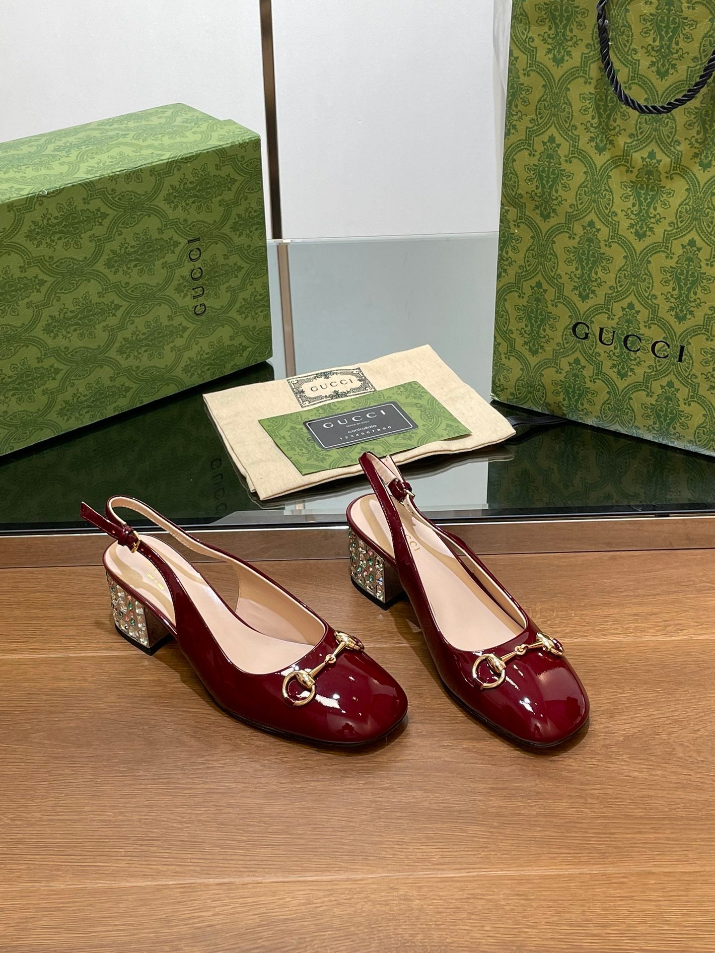 WOMEN'S HORSEBIT SLINGBACK 55MM IN WINE RED CALFSKIN WITH RHINSTONES