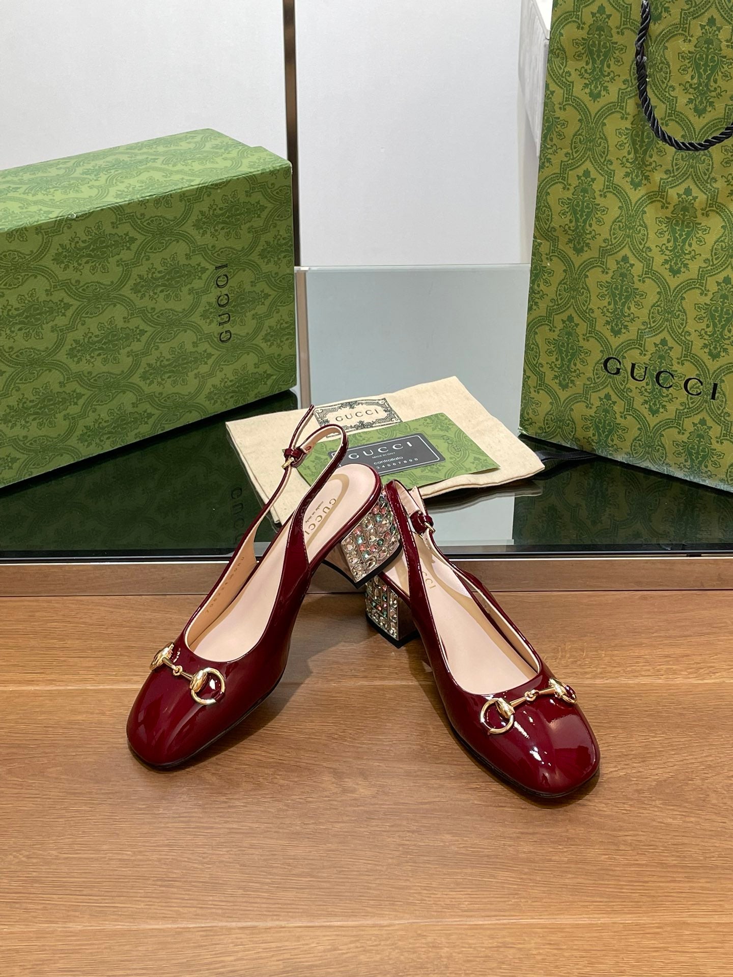 WOMEN'S HORSEBIT SLINGBACK 55MM IN WINE RED CALFSKIN WITH RHINSTONES