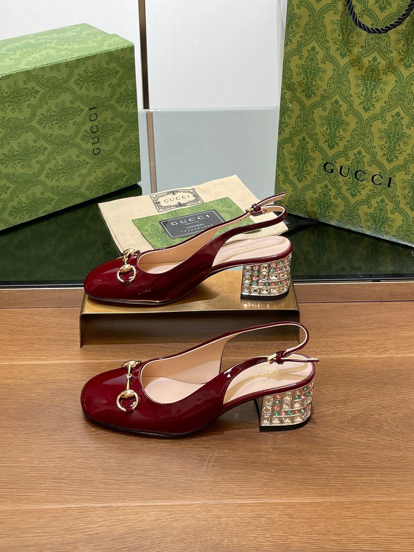 WOMEN'S HORSEBIT SLINGBACK 55MM IN WINE RED CALFSKIN WITH RHINSTONES