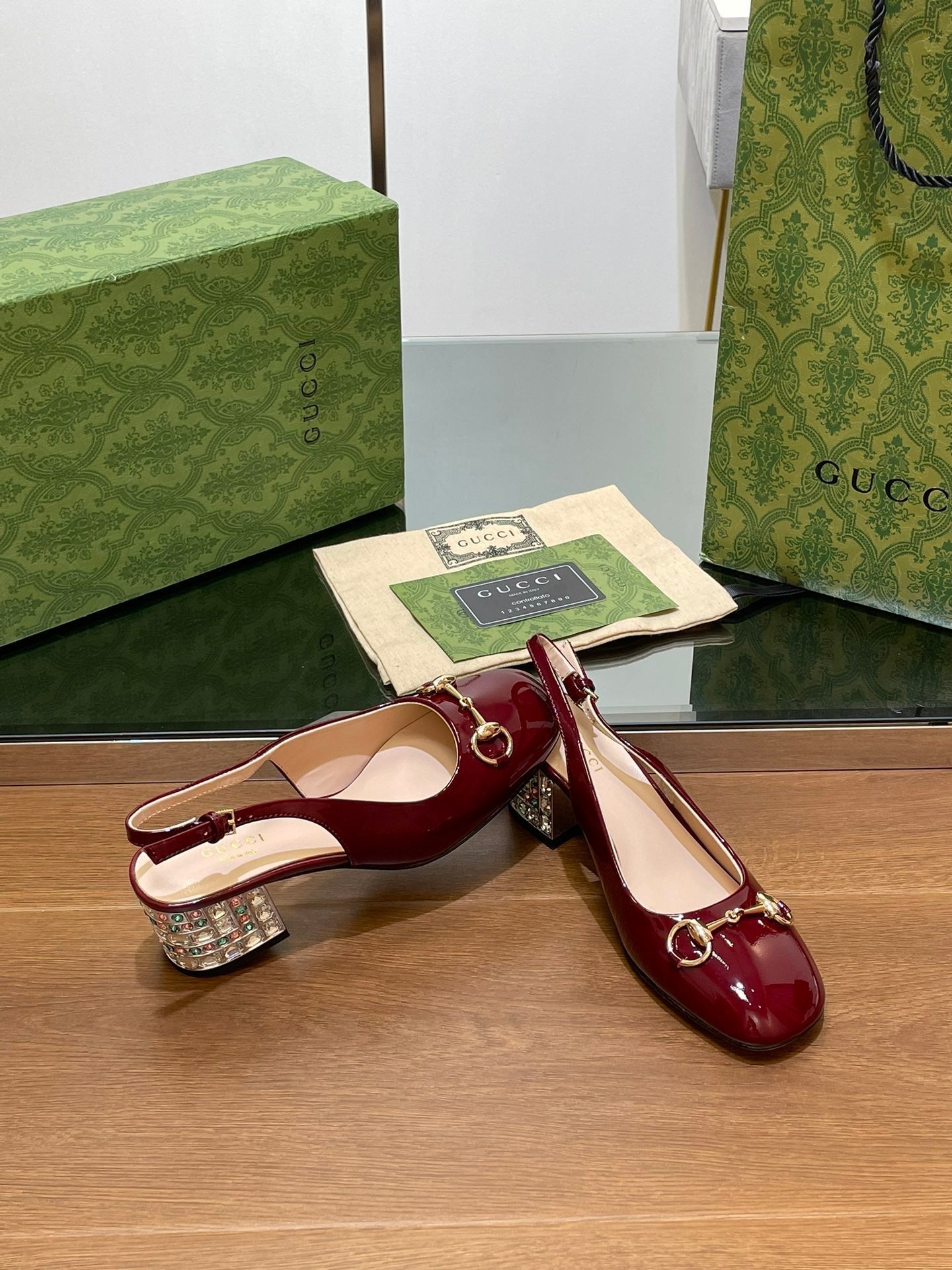 WOMEN'S HORSEBIT SLINGBACK 55MM IN WINE RED CALFSKIN WITH RHINSTONES