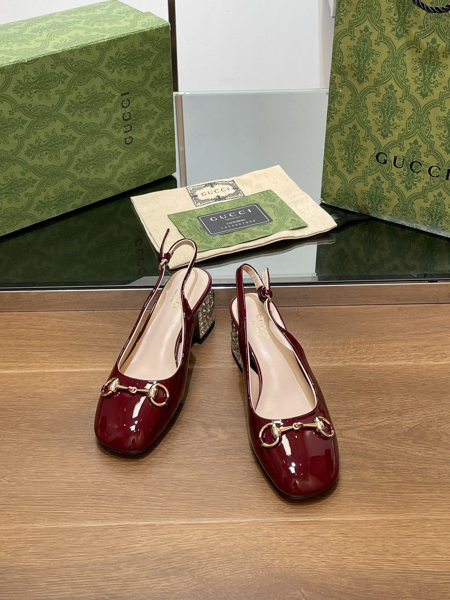 WOMEN'S HORSEBIT SLINGBACK 55MM IN WINE RED CALFSKIN WITH RHINSTONES