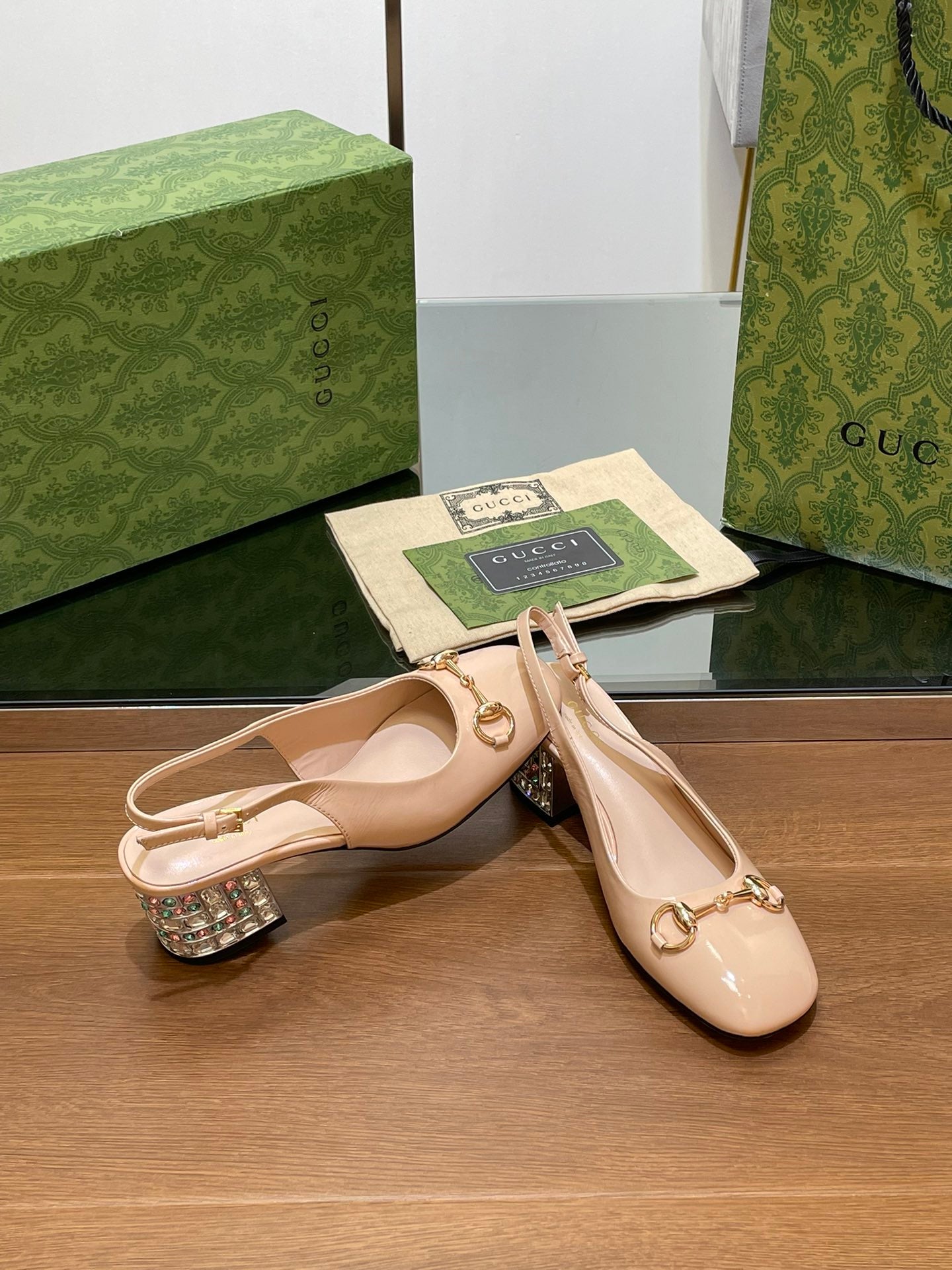 WOMEN'S HORSEBIT SLINGBACK 55MM IN TAN BEIGE CALFSKIN WITH RHINSTONES