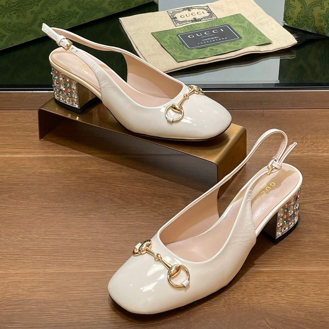 WOMEN'S HORSEBIT SLINGBACK 55MM IN WHITE CALFSKIN WITH RHINSTONES