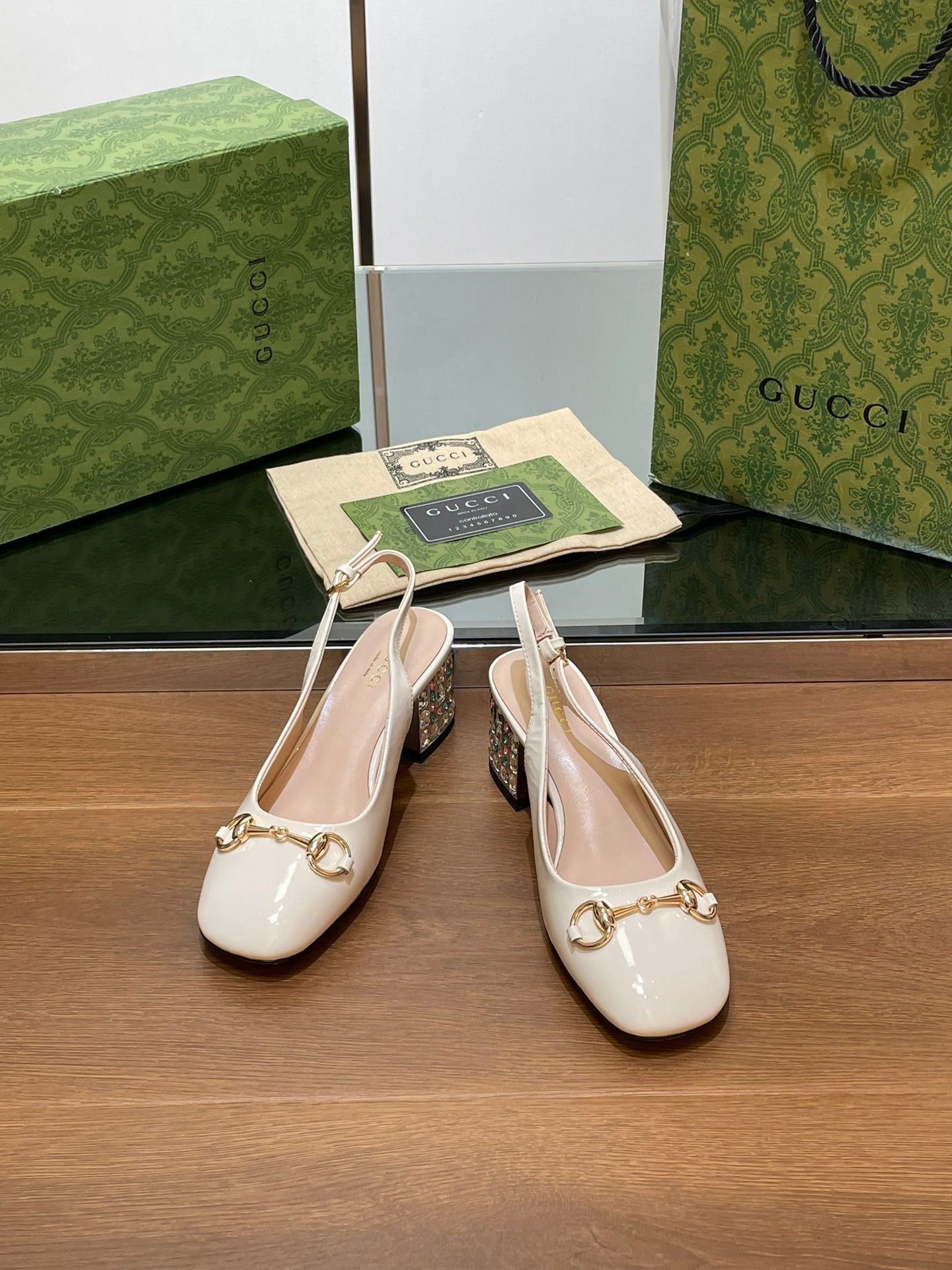 WOMEN'S HORSEBIT SLINGBACK 55MM IN WHITE CALFSKIN WITH RHINSTONES