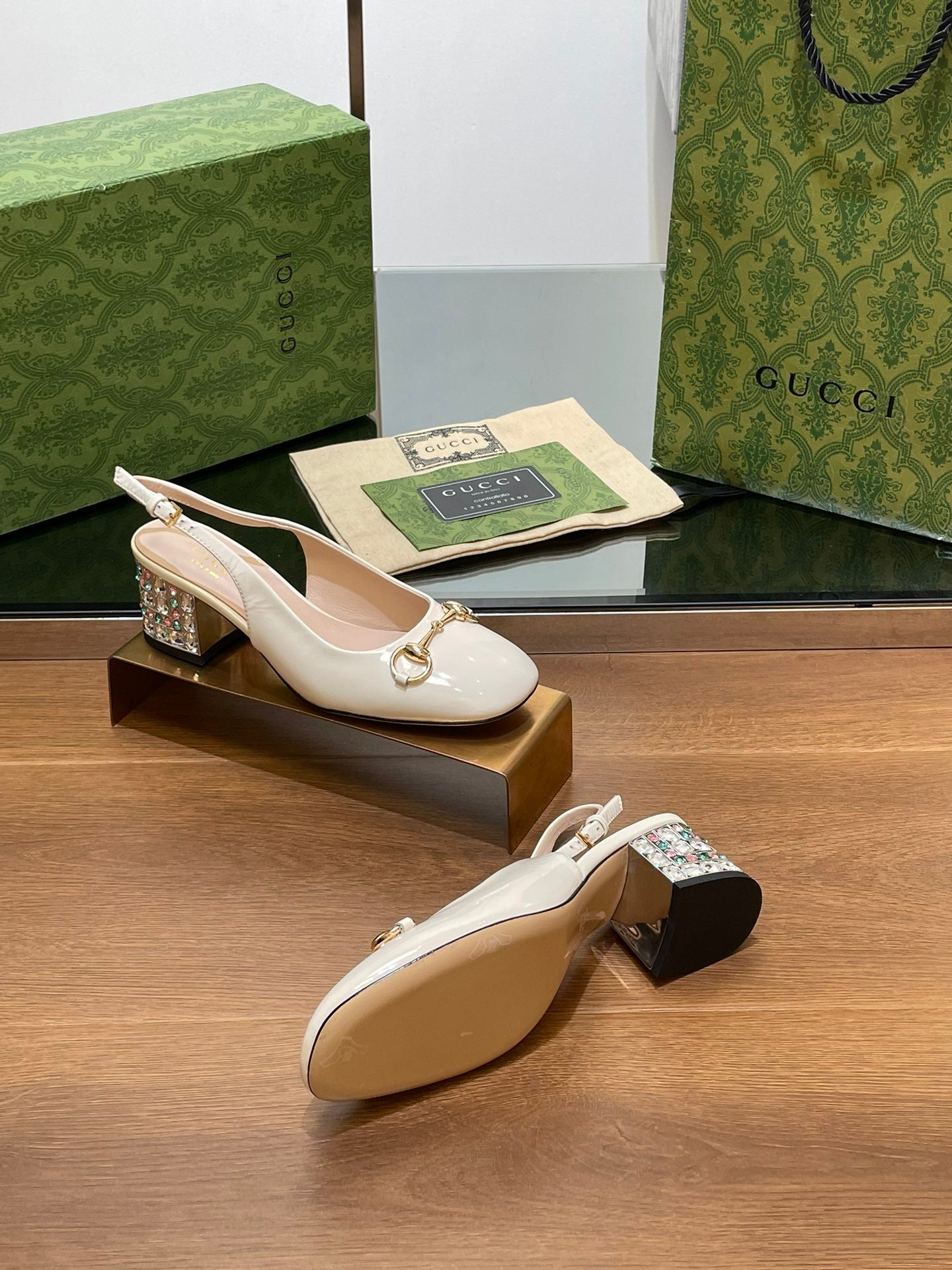 WOMEN'S HORSEBIT SLINGBACK 55MM IN WHITE CALFSKIN WITH RHINSTONES