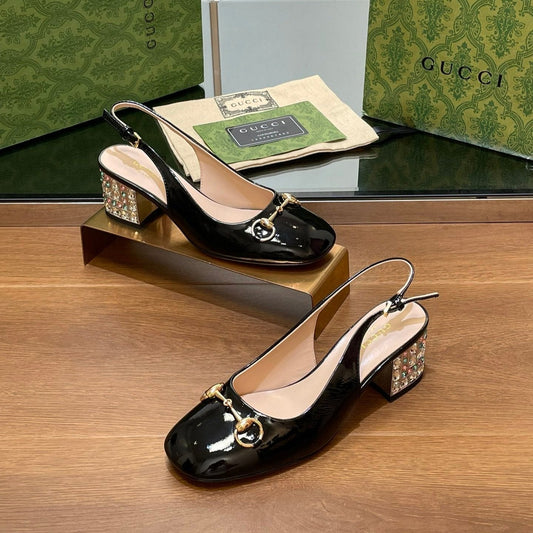 WOMEN'S HORSEBIT SLINGBACK 55MM IN BLACK CALFSKIN WITH RHINSTONES