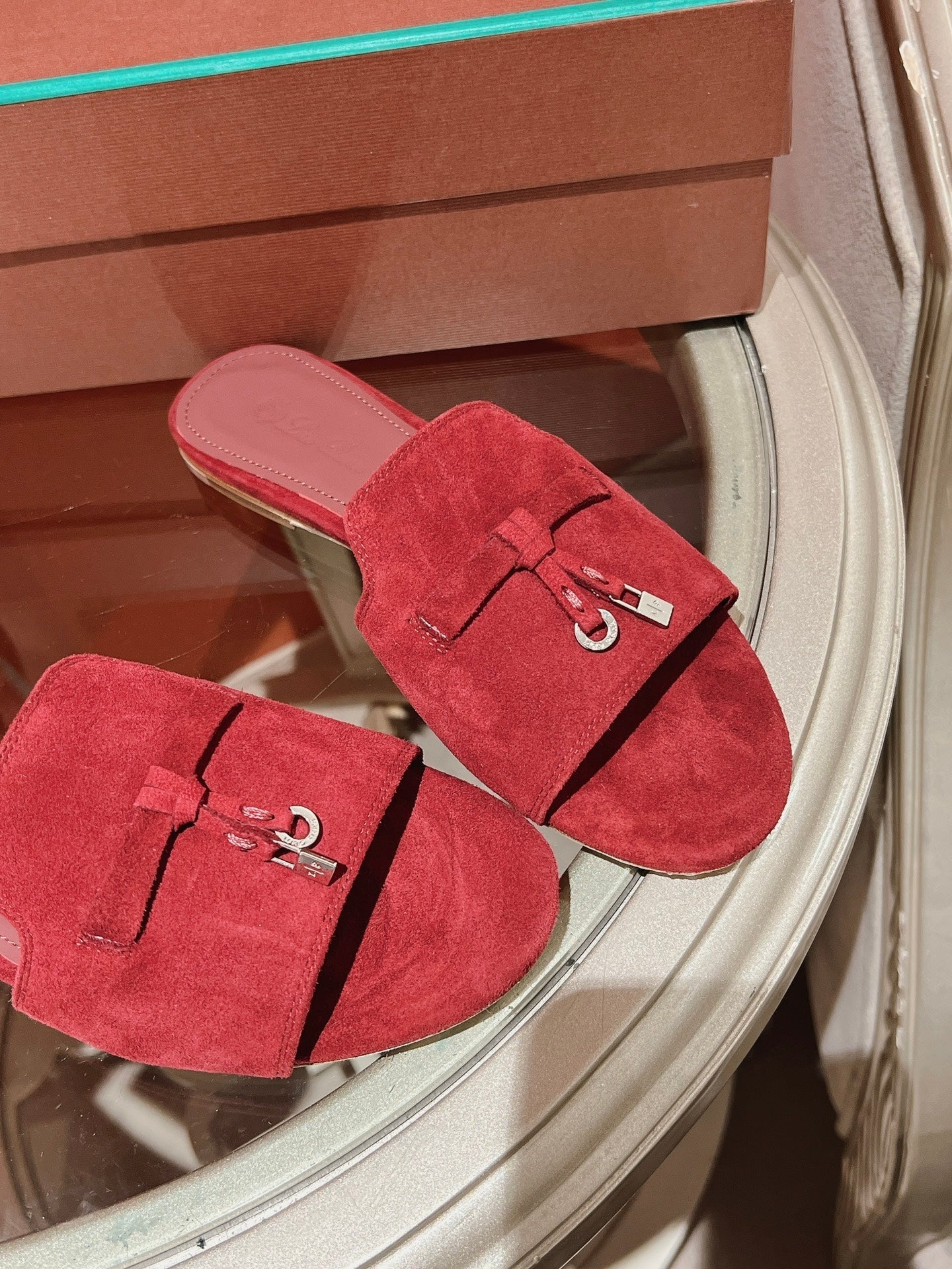 Summer Charms Sandals in Red Suede Maroon Lambskin