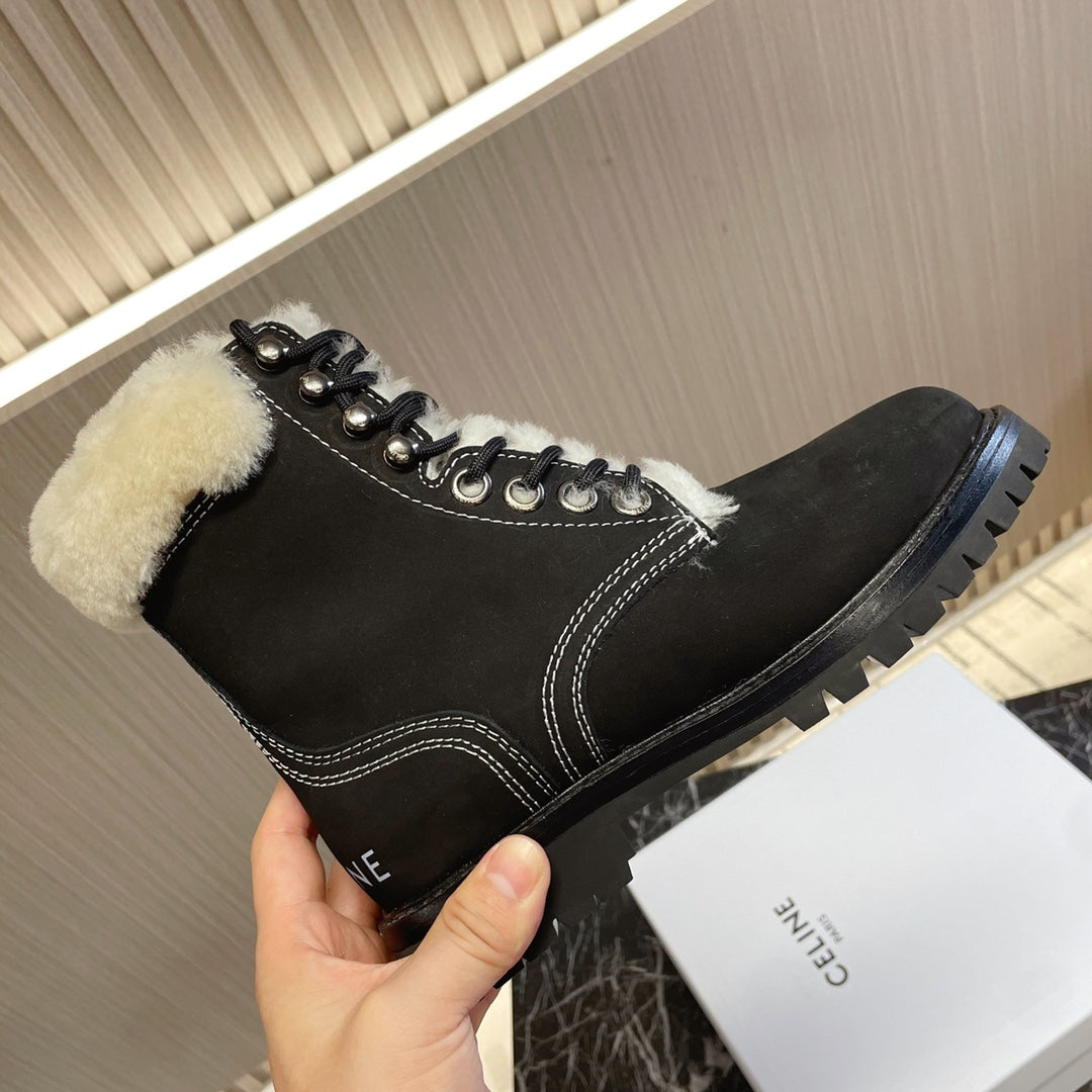 KURT LACE-UP MID BOOT IN BLACK SUEDE AND SHEARLING