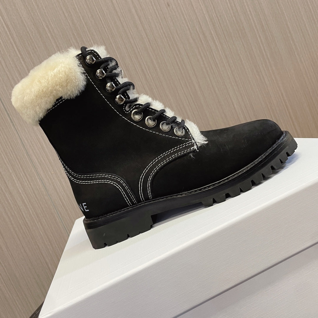 KURT LACE-UP MID BOOT IN BLACK SUEDE AND SHEARLING