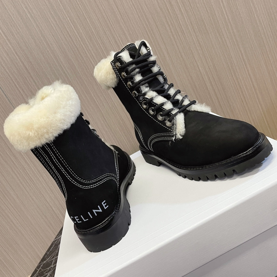 KURT LACE-UP MID BOOT IN BLACK SUEDE AND SHEARLING